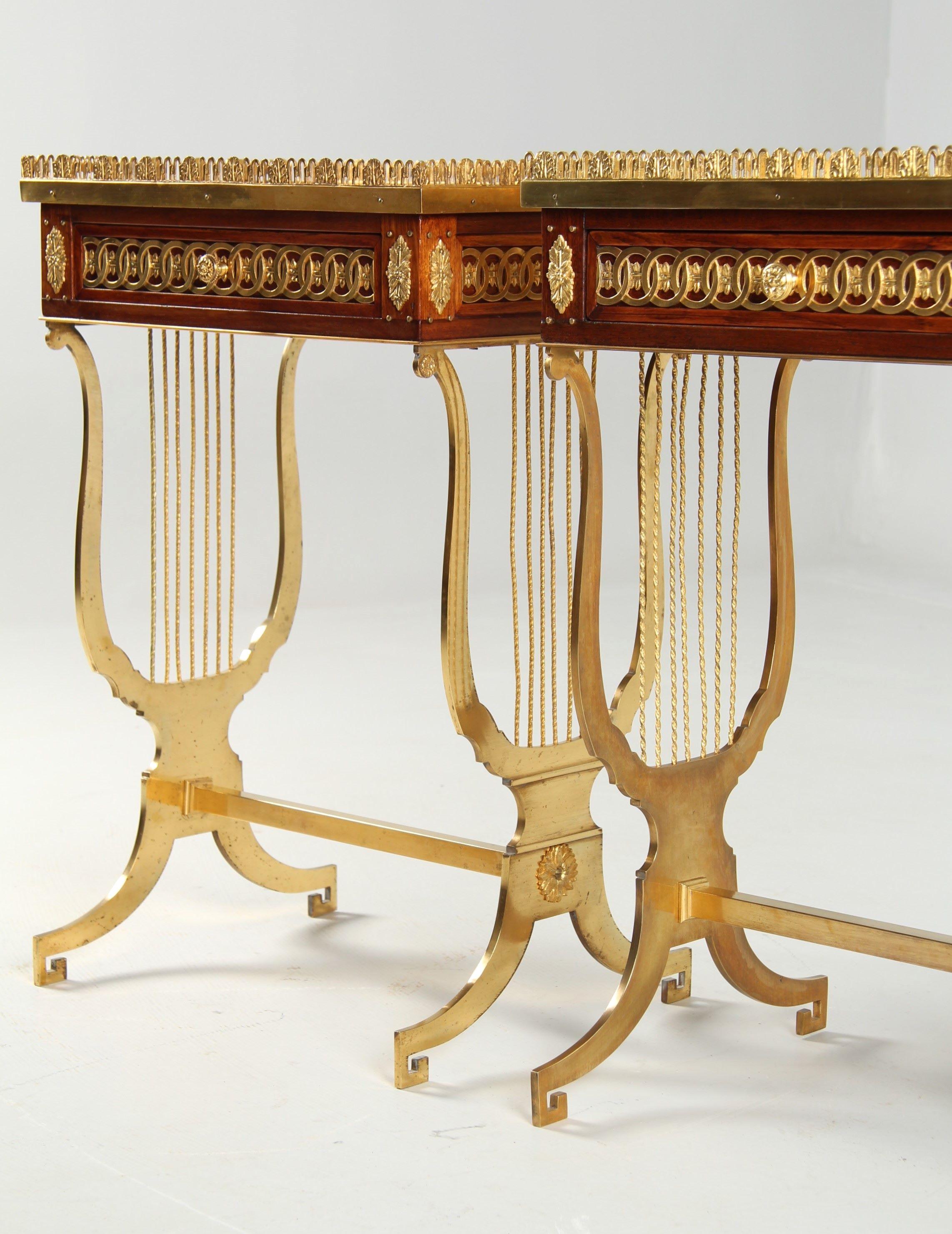 Pair of Louis XVI Style Side Tables with Lyre Shaped Gilt Bronze Base In Good Condition In Greven, DE