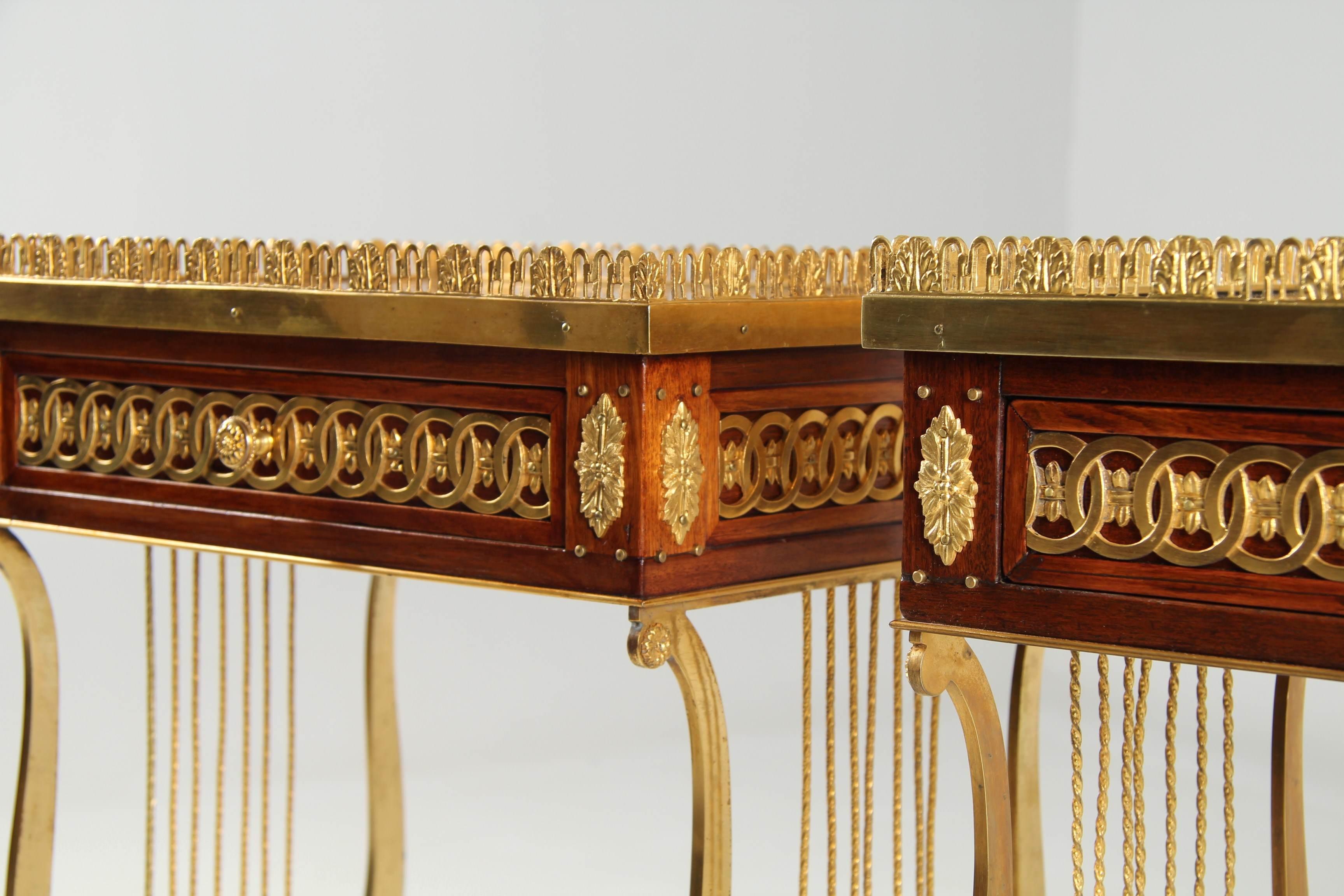 20th Century Pair of Louis XVI Style Side Tables with Lyre Shaped Gilt Bronze Base