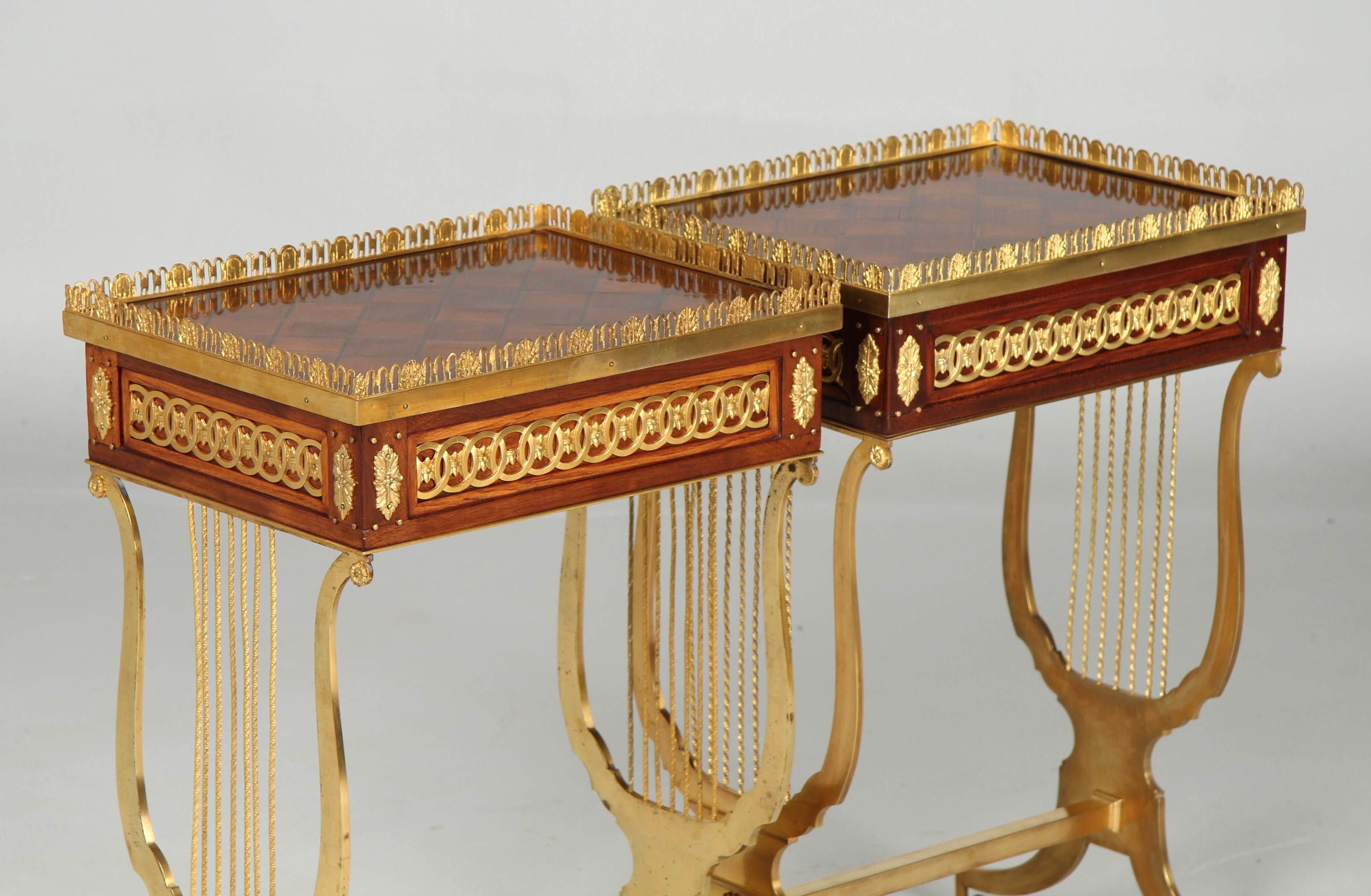 Pair of Louis XVI Style Side Tables with Lyre Shaped Gilt Bronze Base 2