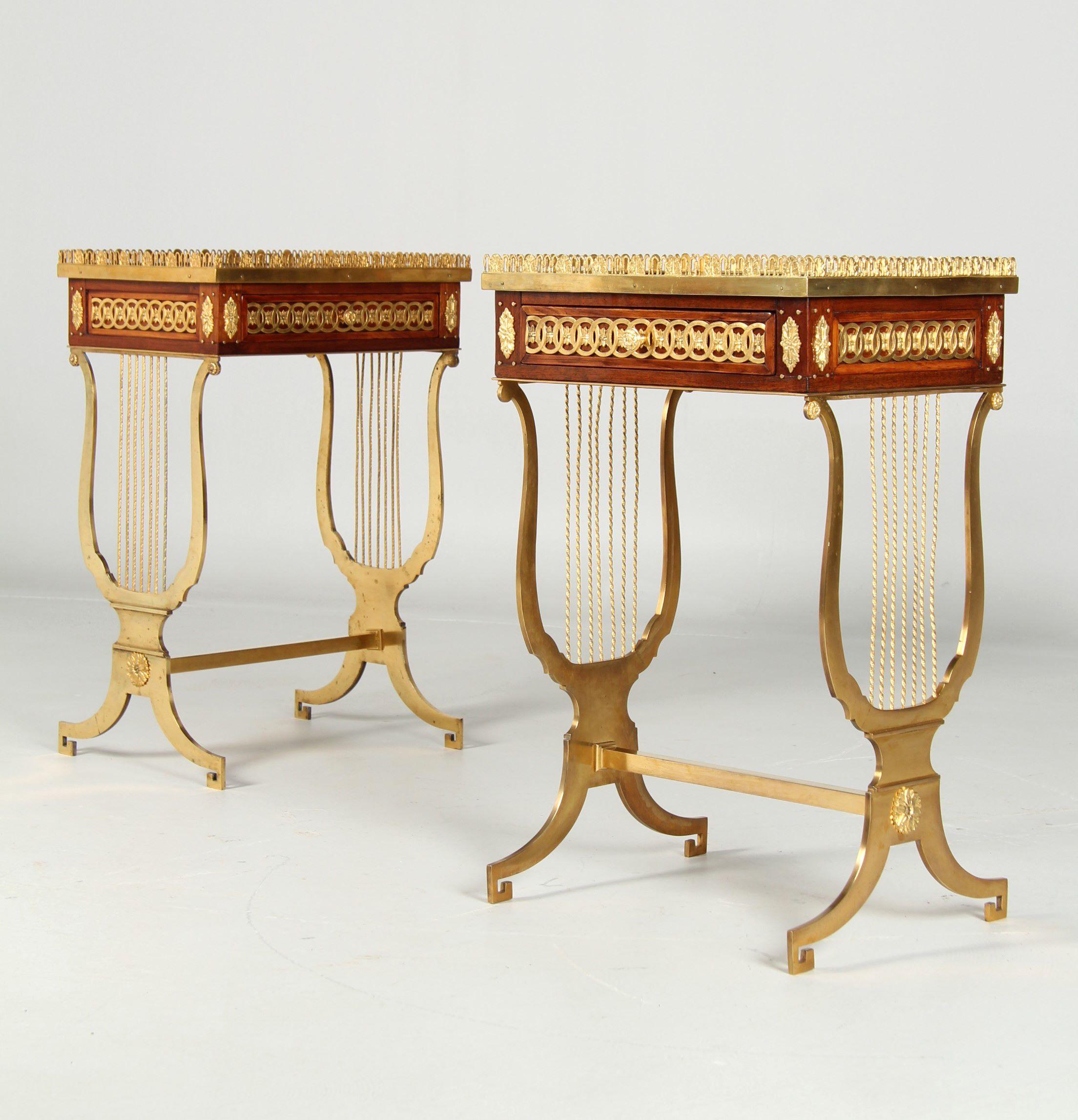 Pair of Louis XVI Style Side Tables with Lyre Shaped Gilt Bronze Base 4