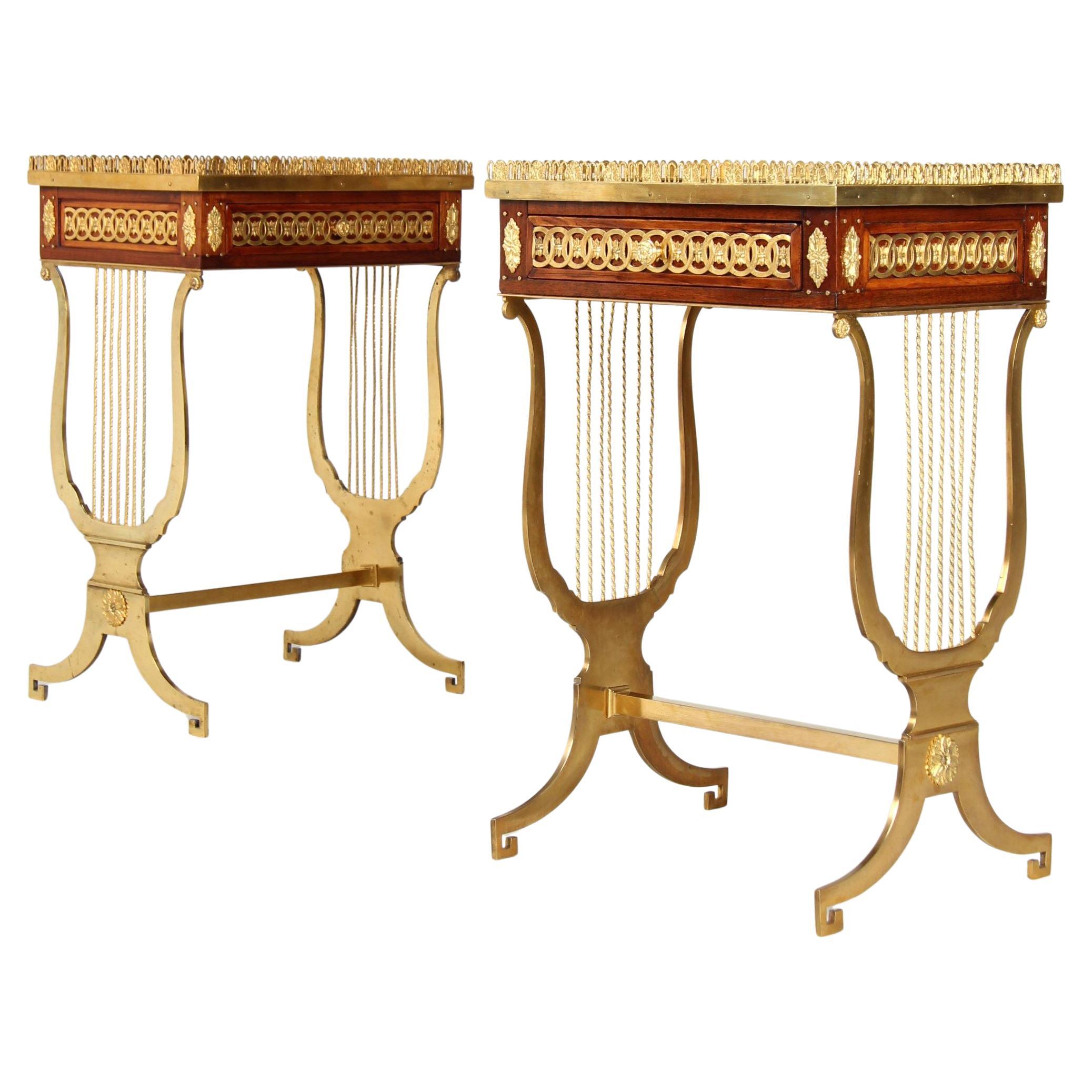 Pair of Louis XVI Style Side Tables with Lyre Shaped Gilt Bronze Base
