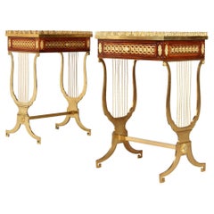 Pair of Louis XVI Style Side Tables with Lyre Shaped Gilt Bronze Base