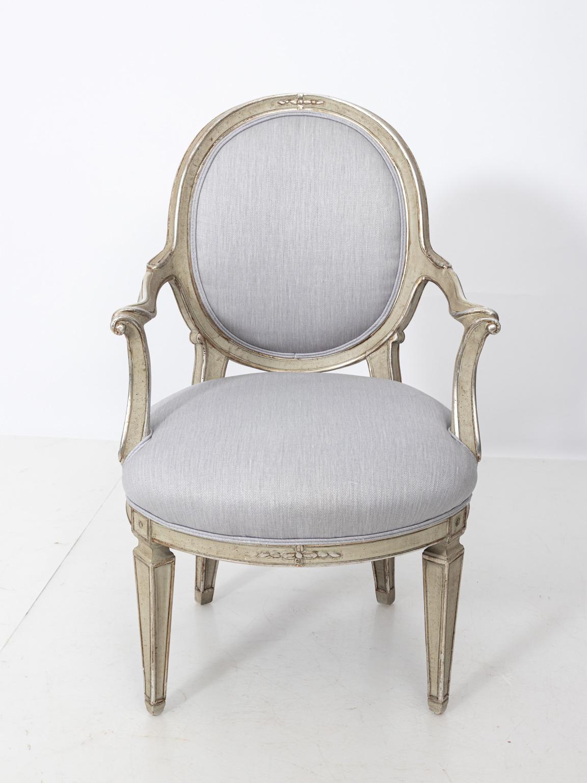 Pair of Louis XVI Style Silver Gilt Oval Back Fauteuil Armchairs 4