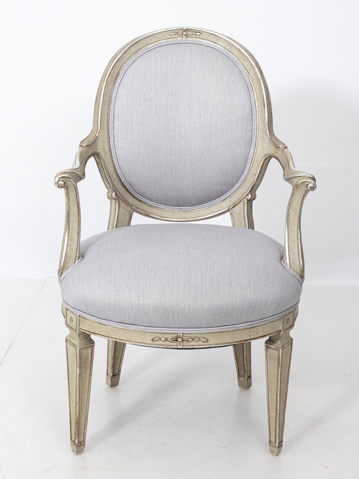 French Pair of Louis XVI Style Silver Gilt Oval Back Fauteuil Armchairs
