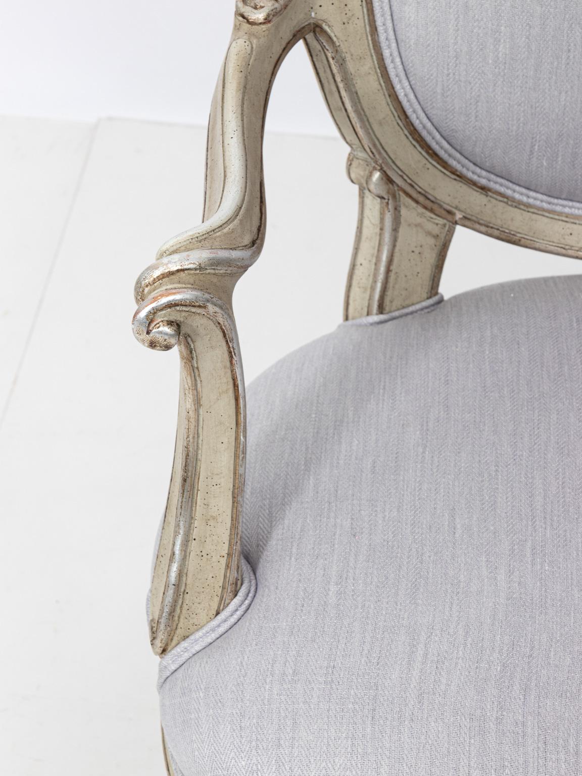 Upholstery Pair of Louis XVI Style Silver Gilt Oval Back Fauteuil Armchairs