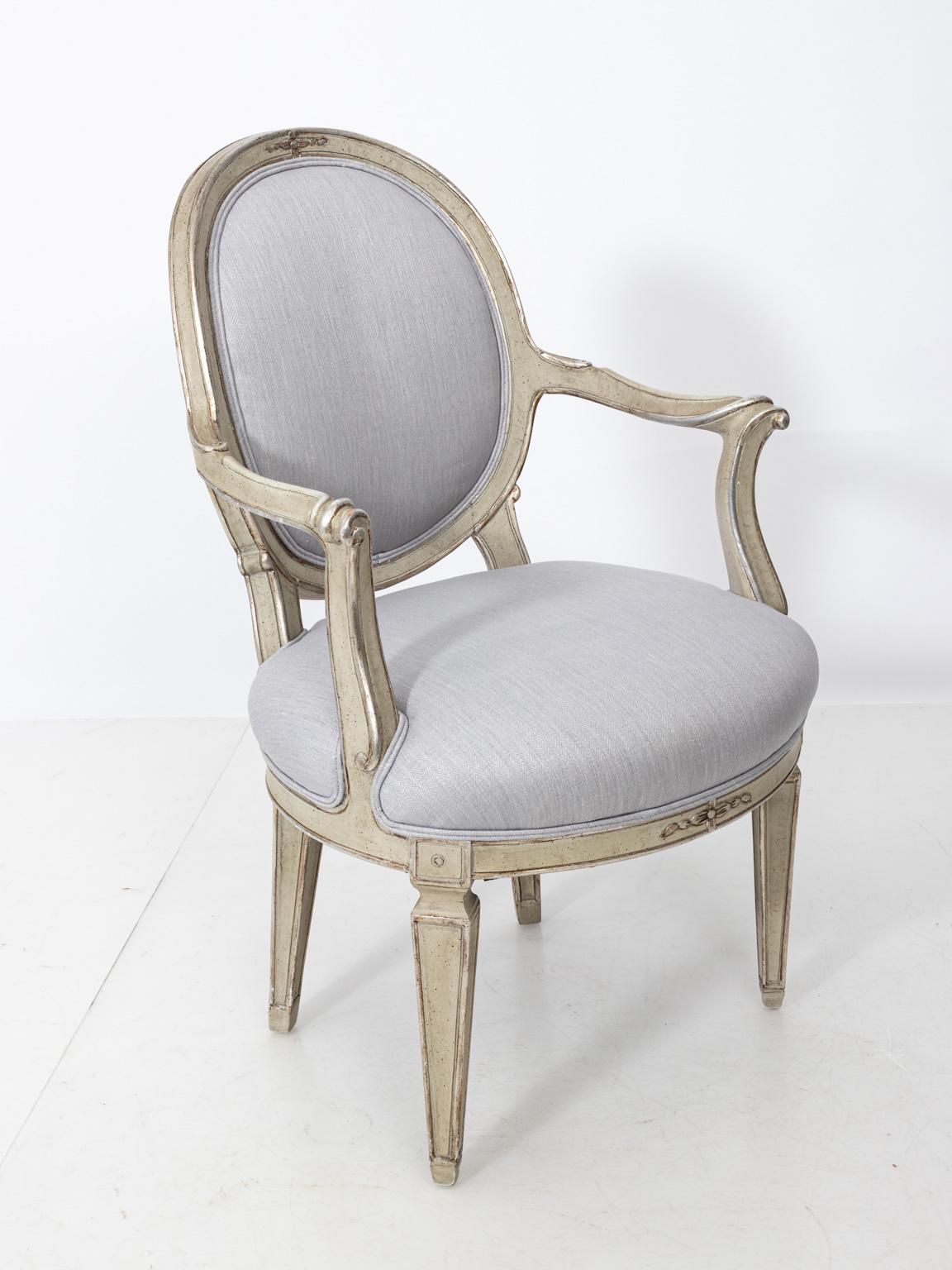 Pair of Louis XVI Style Silver Gilt Oval Back Fauteuil Armchairs 1