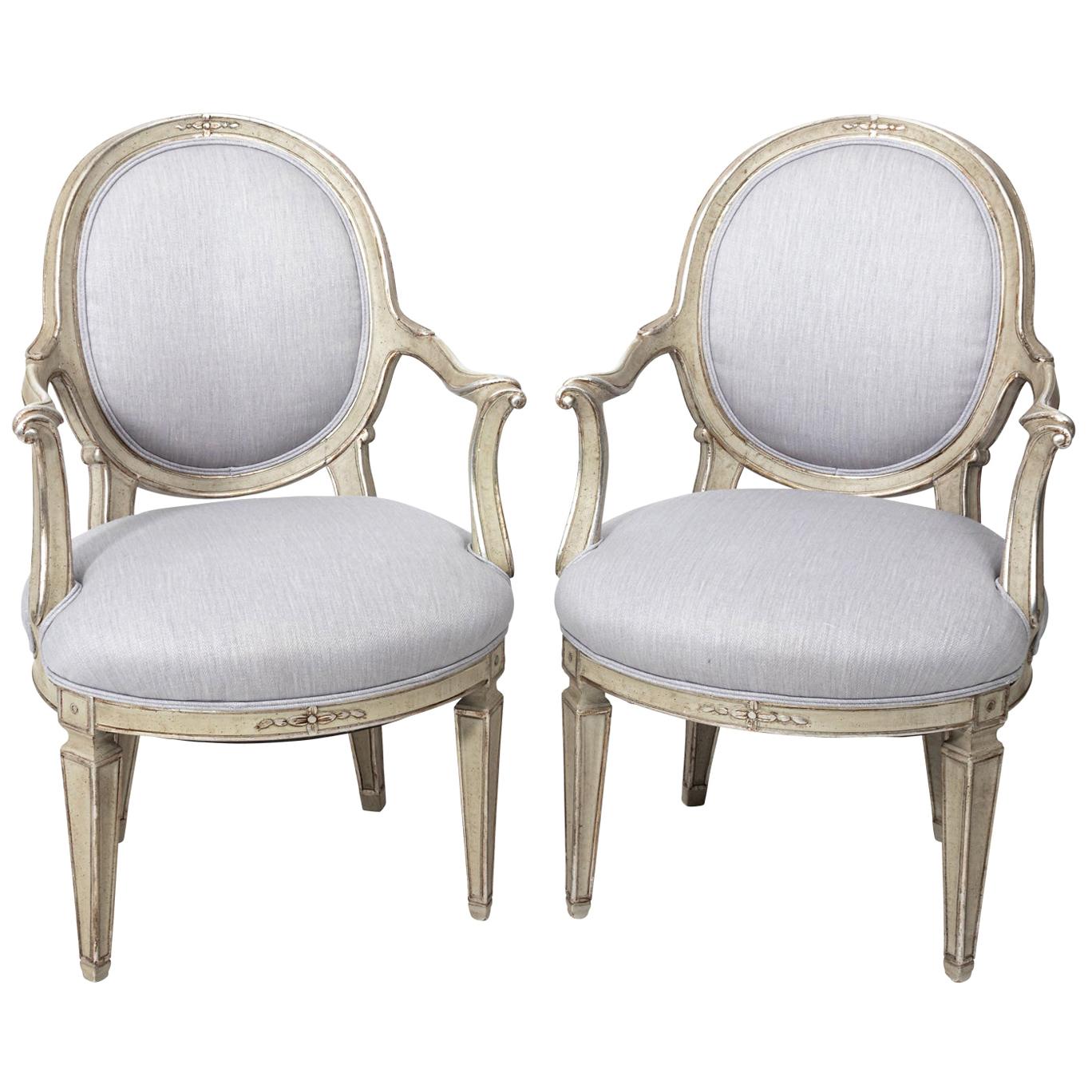 Pair of Louis XVI Style Silver Gilt Oval Back Fauteuil Armchairs
