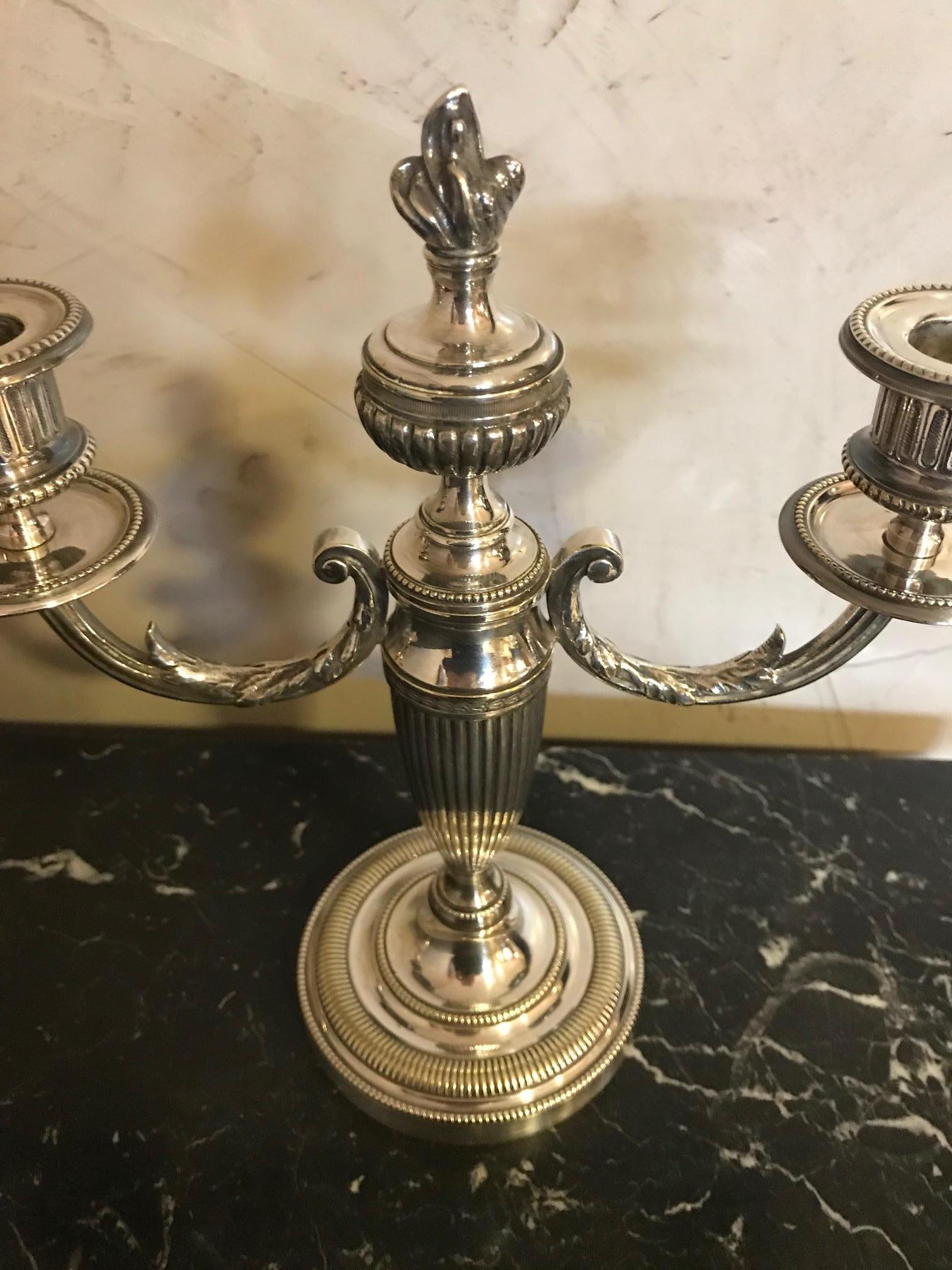 French Pair of Louis XVI Style Silver Plated Candlesticks, 1920s For Sale