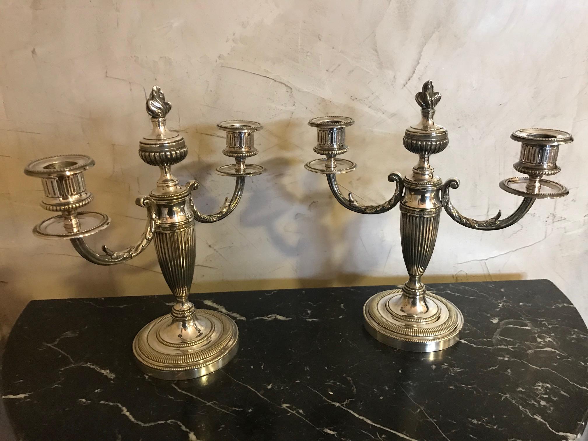 Early 20th Century Pair of Louis XVI Style Silver Plated Candlesticks, 1920s For Sale