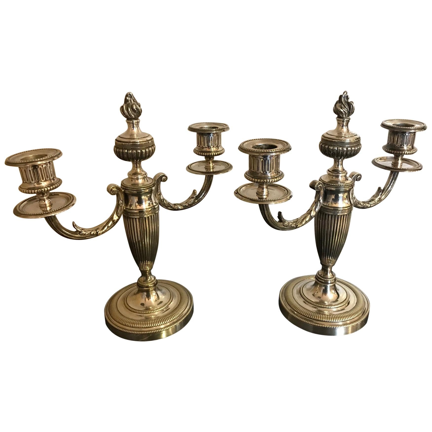 Pair of Louis XVI Style Silver Plated Candlesticks, 1920s