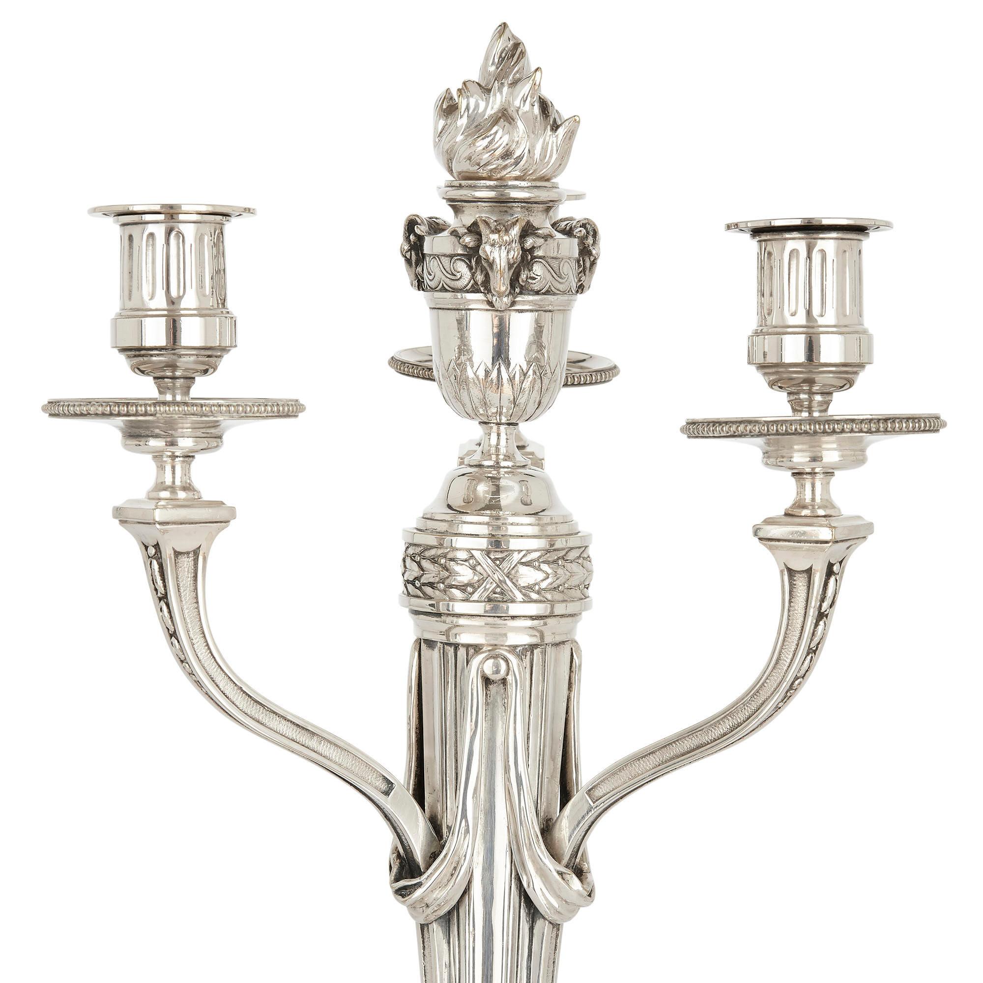 Neoclassical Pair of Louis XVI Style Silvered Bronze Table Candelabra by André Aucoc