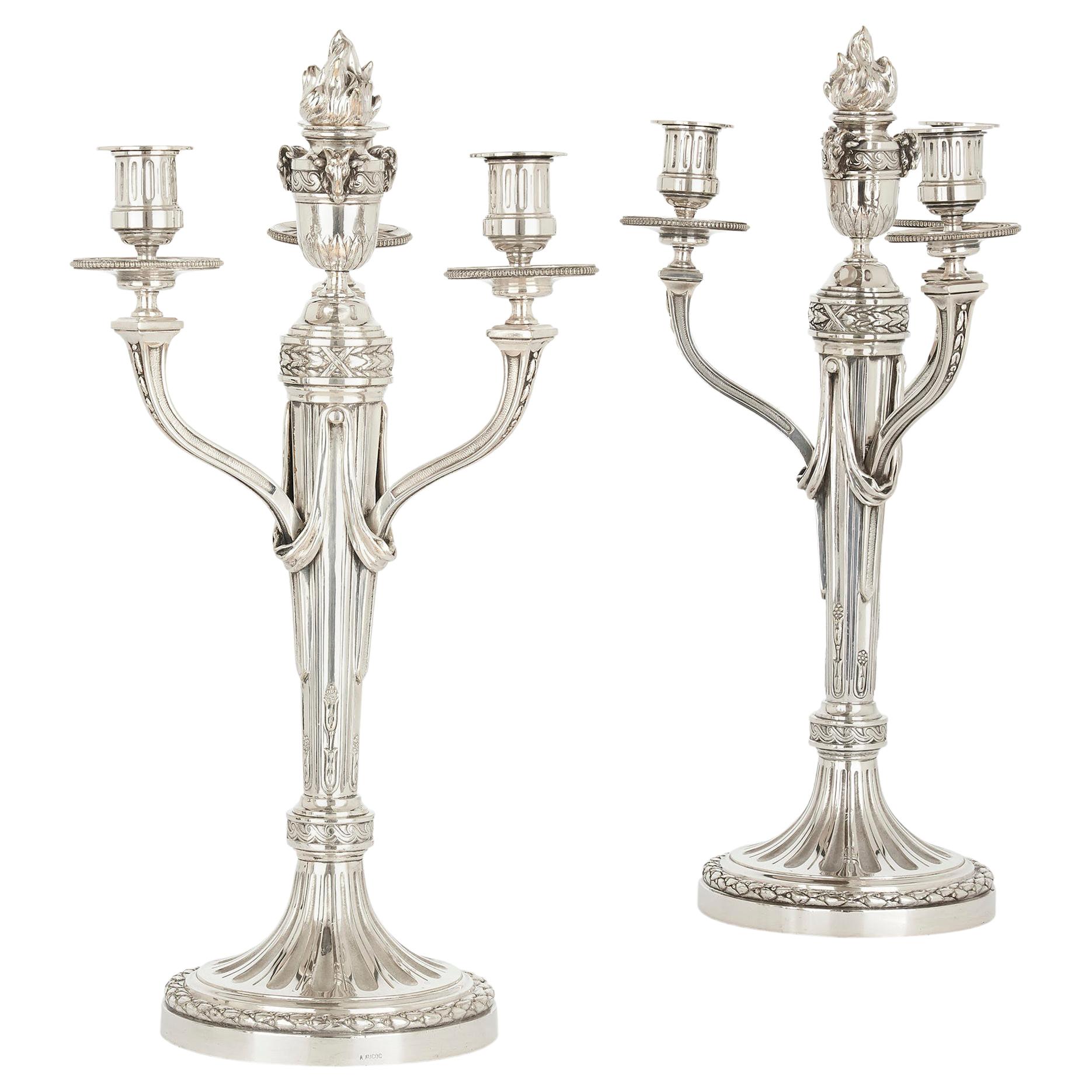Pair of Louis XVI Style Silvered Bronze Table Candelabra by André Aucoc