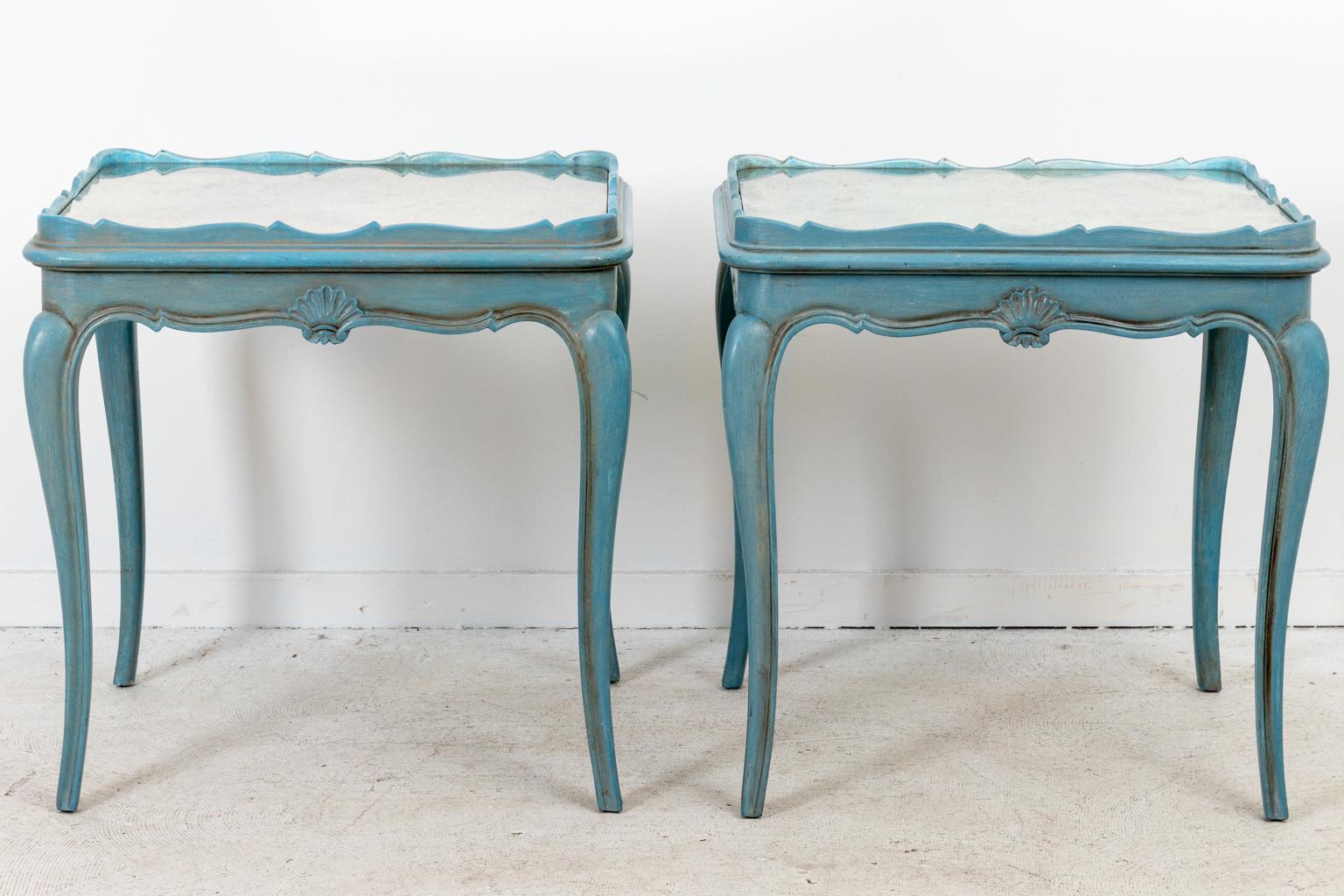 French Pair of Louis XVI Style Soft Blue Painted Side Tables with Mirrored Tops