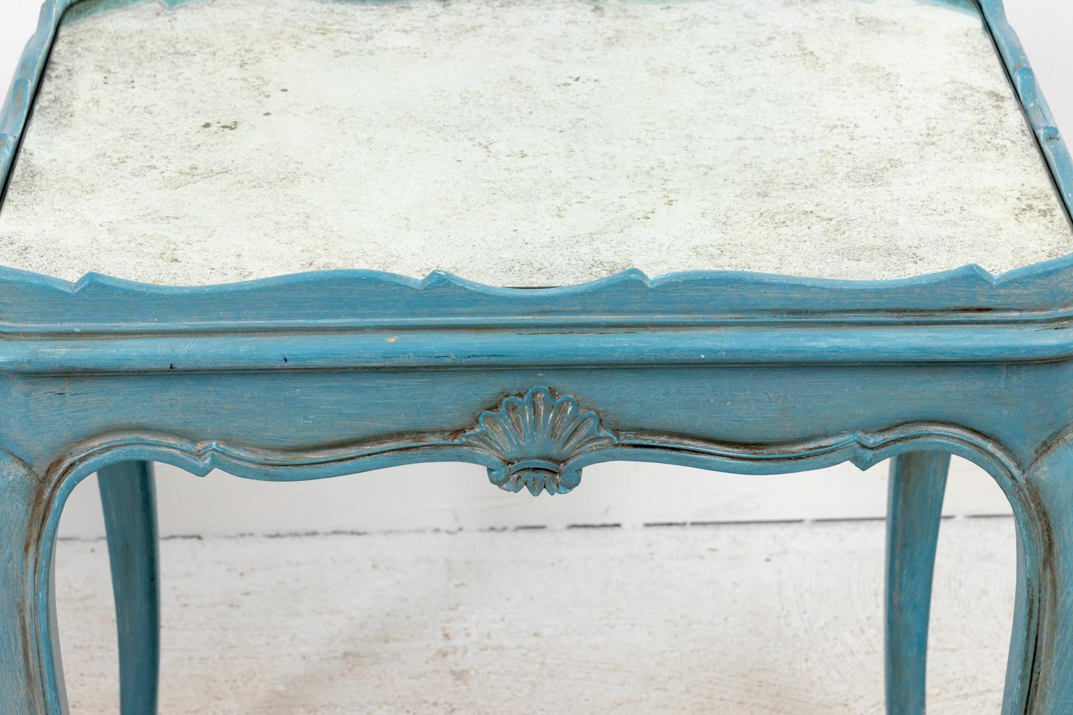 20th Century Pair of Louis XVI Style Soft Blue Painted Side Tables with Mirrored Tops