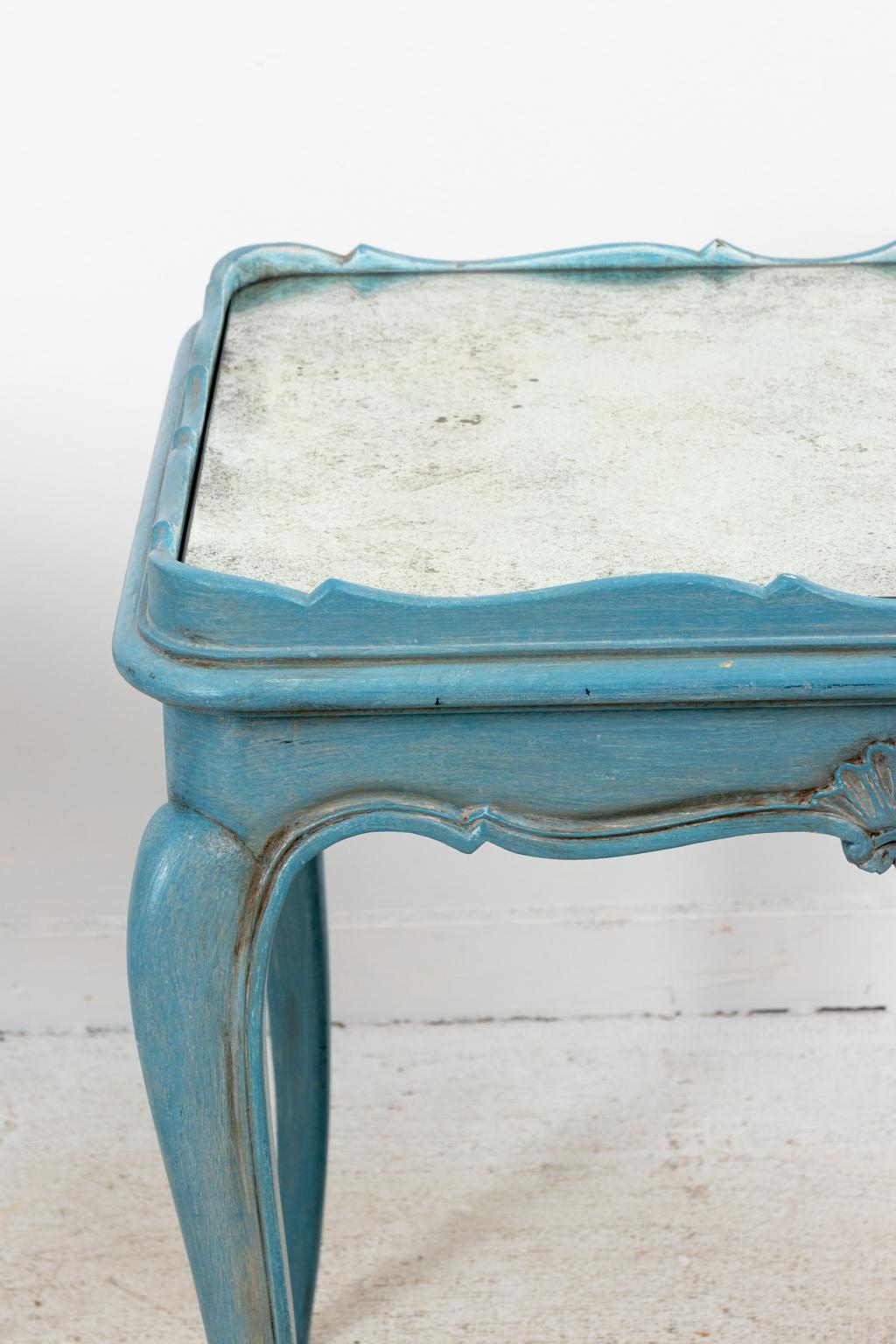 Pair of Louis XVI Style Soft Blue Painted Side Tables with Mirrored Tops 1