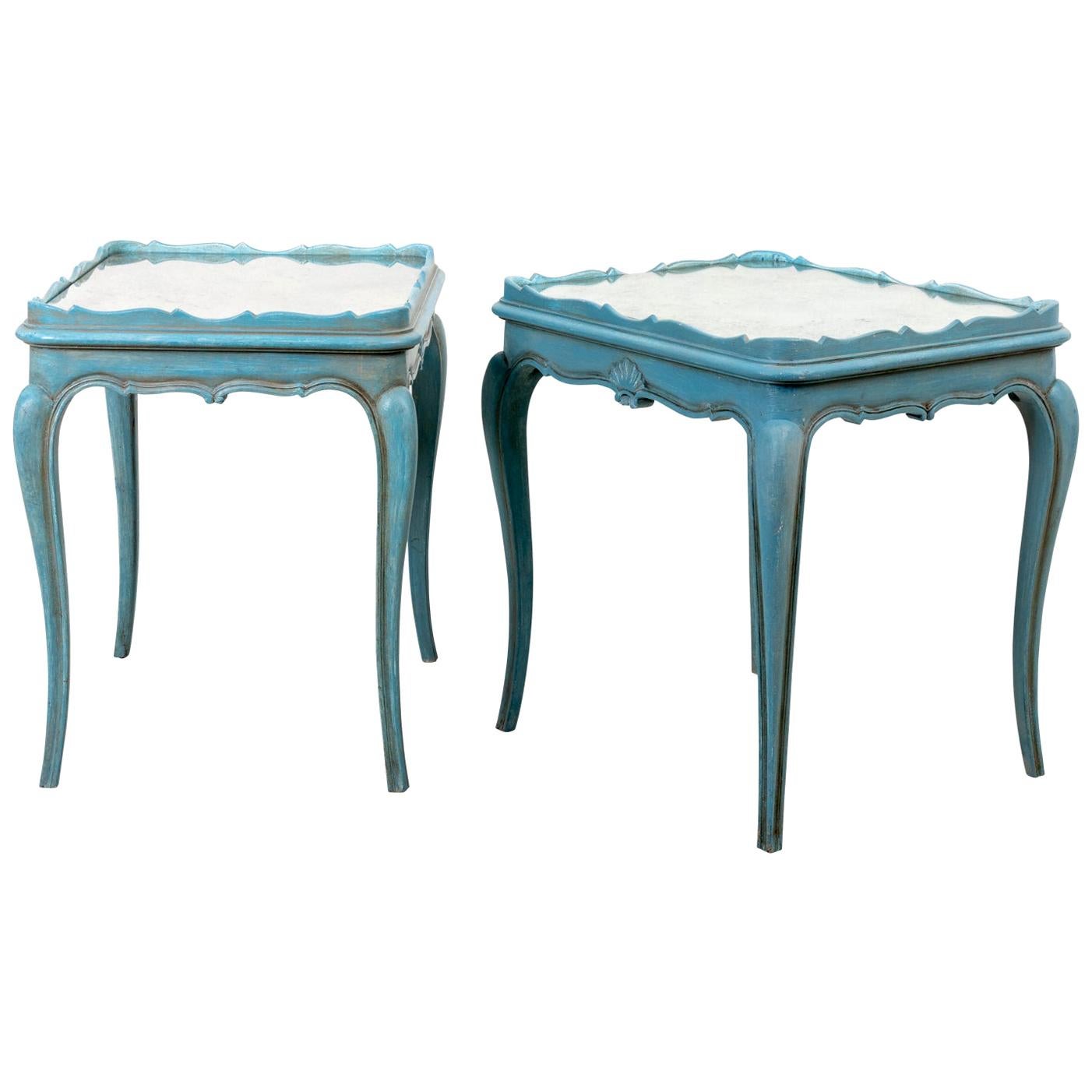 Pair of Louis XVI Style Soft Blue Painted Side Tables with Mirrored Tops