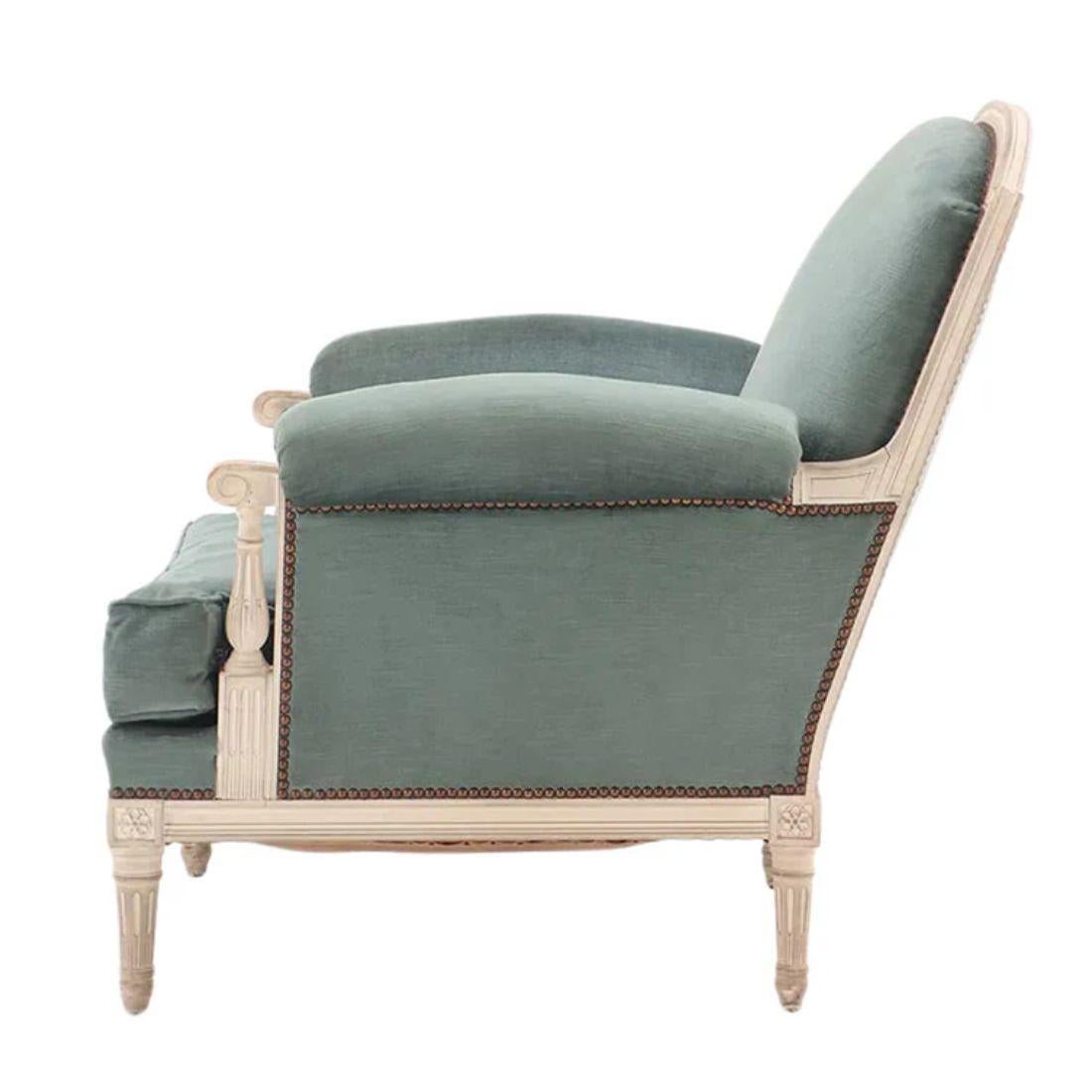 Paar Louis XVI Style Teal gepolstert Bergeres (Louis XVI.) im Angebot