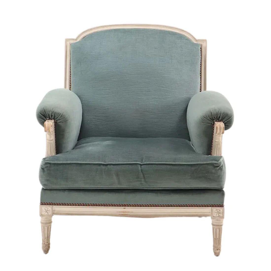 Paar Louis XVI Style Teal gepolstert Bergeres im Zustand „Gut“ im Angebot in Locust Valley, NY