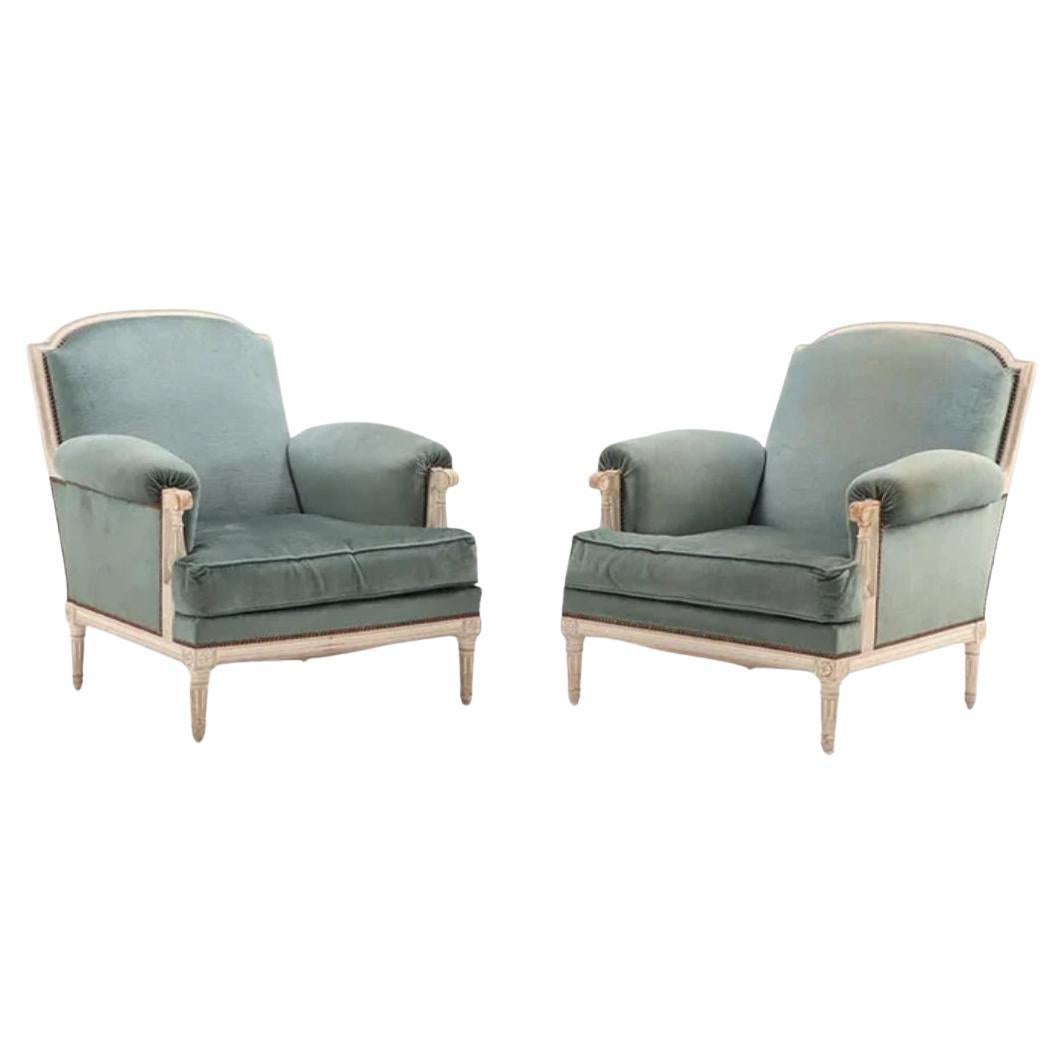 Paar Louis XVI Style Teal gepolstert Bergeres im Angebot