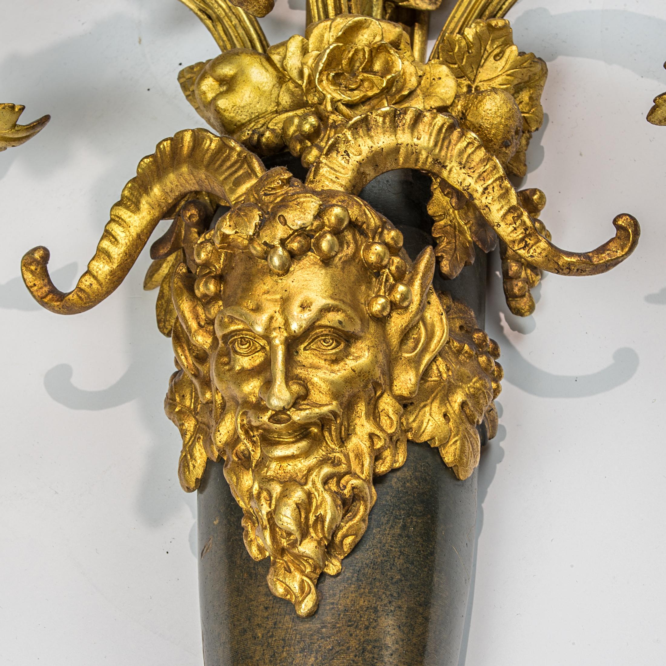 Pair of Louis XVI Style Three-Light Gilt and Patinated Bronze Wall Sconces For Sale 2