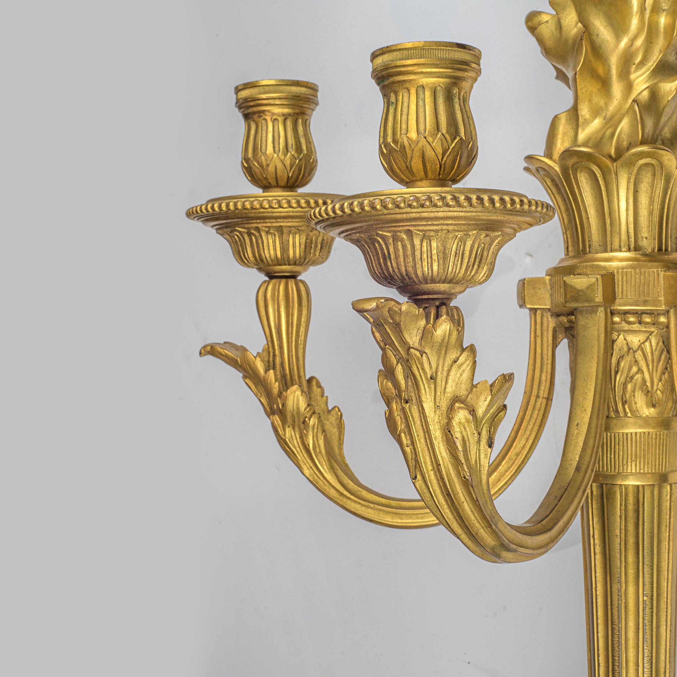 19th Century Pair of Louis XVI Style Three-Light Gilt Bronze Wall Sconces For Sale