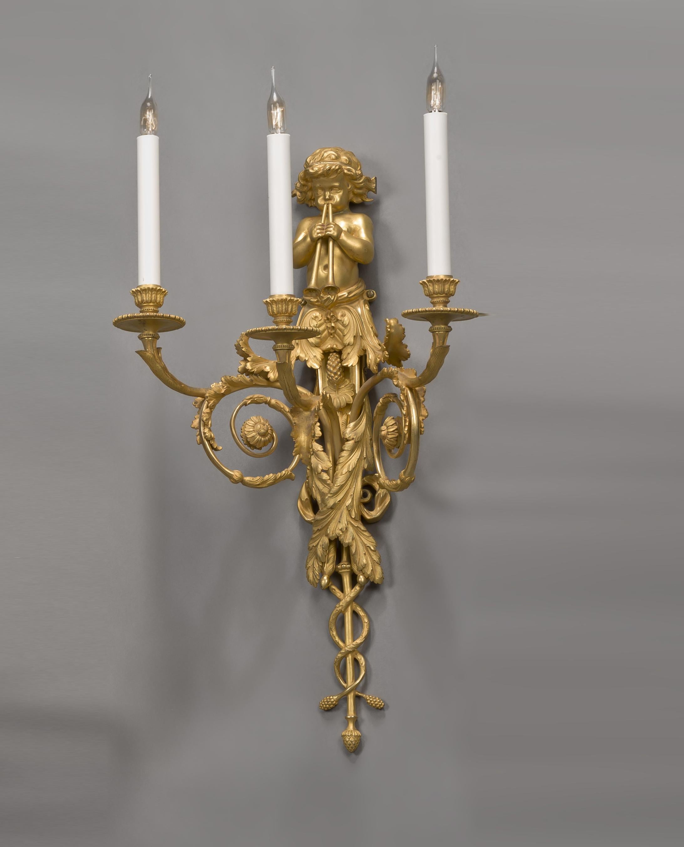 French Pair of Louis XVI Style Three-Light Wall-Appliques after Jean Hauré, circa 1890 For Sale