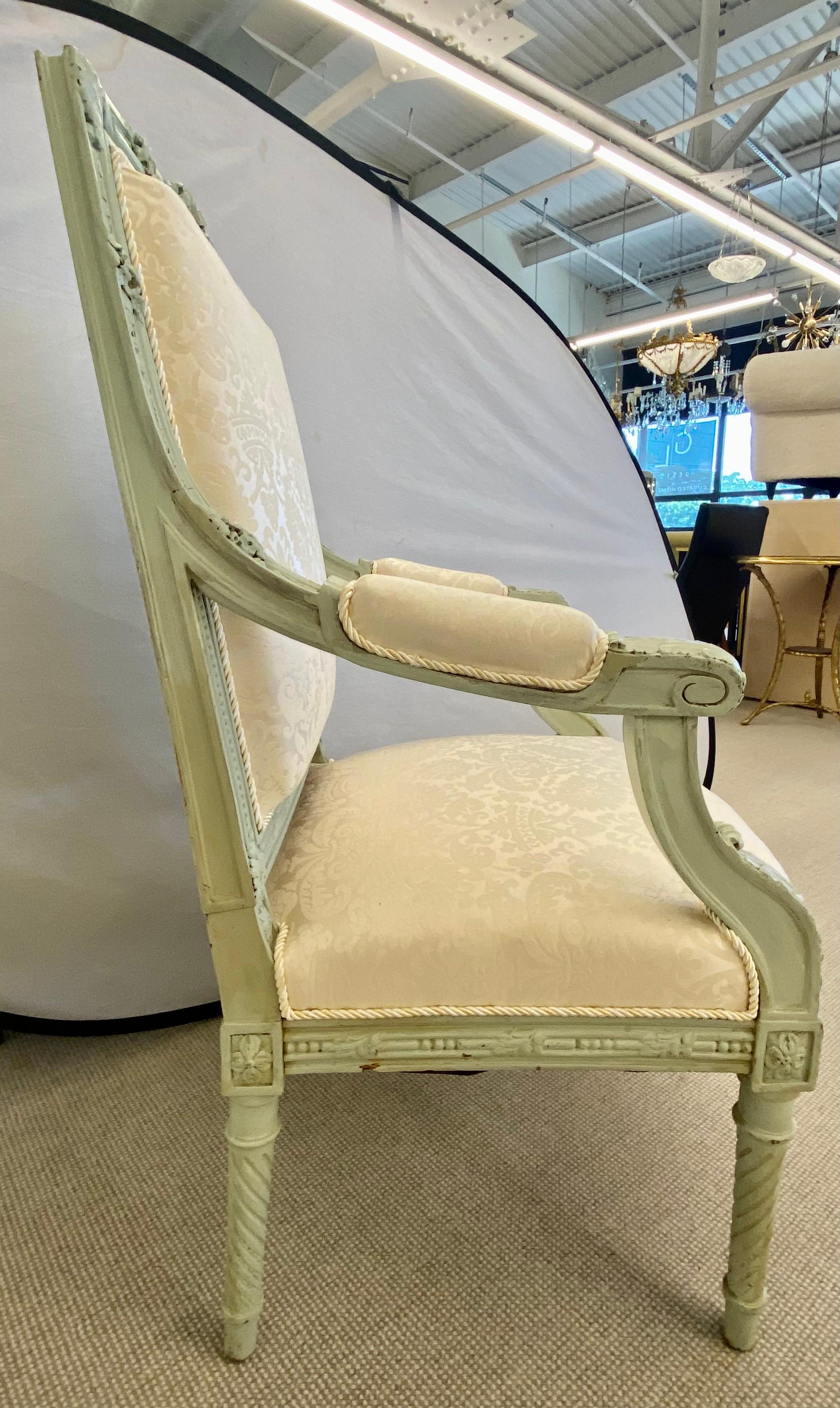 Pair of Louis XVI Style Throne or Arm Chairs, Paint Decorated Frames For Sale 5