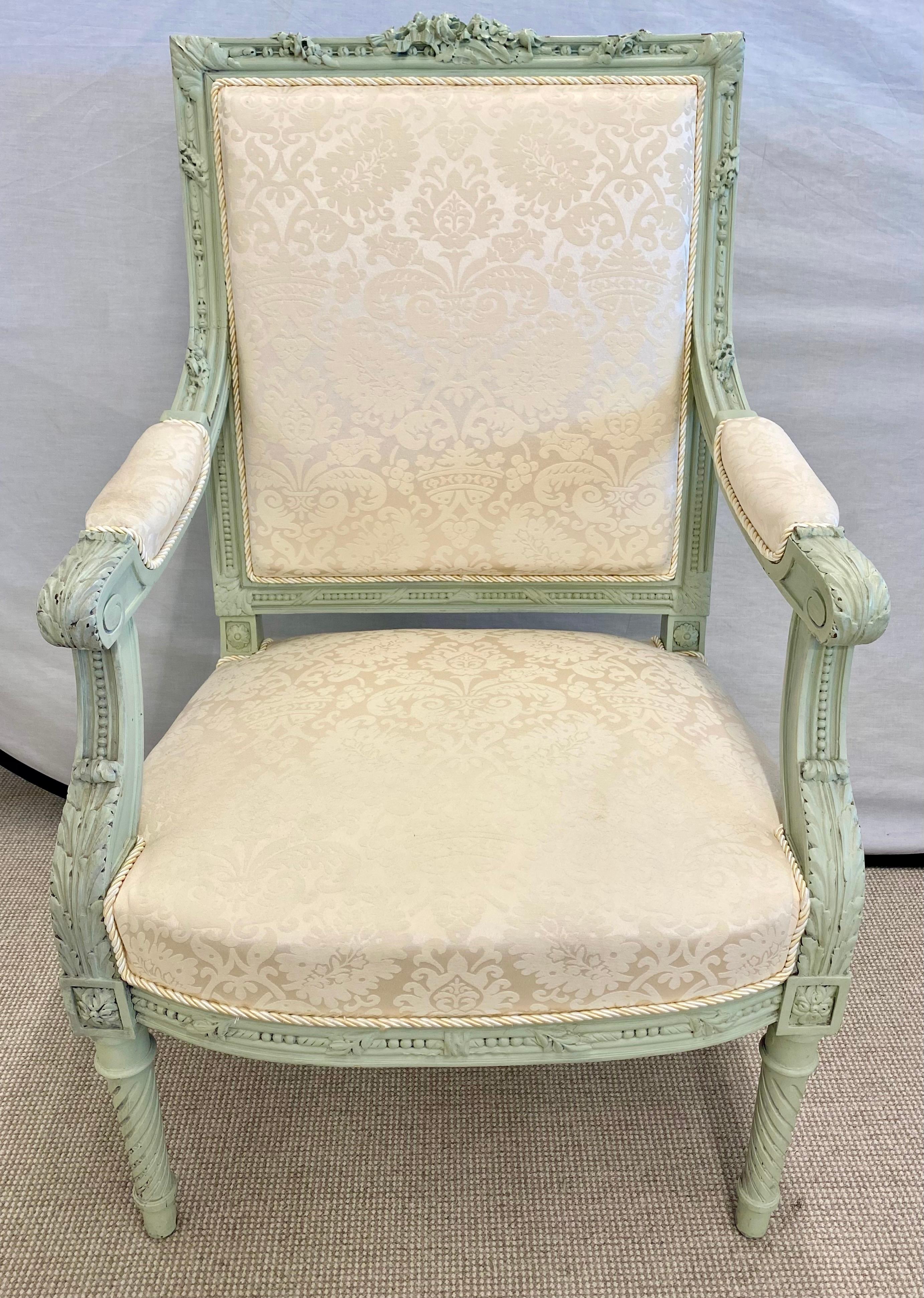 Pair of Louis XVI Style Throne or Arm Chairs, Paint Decorated Frames For Sale 8
