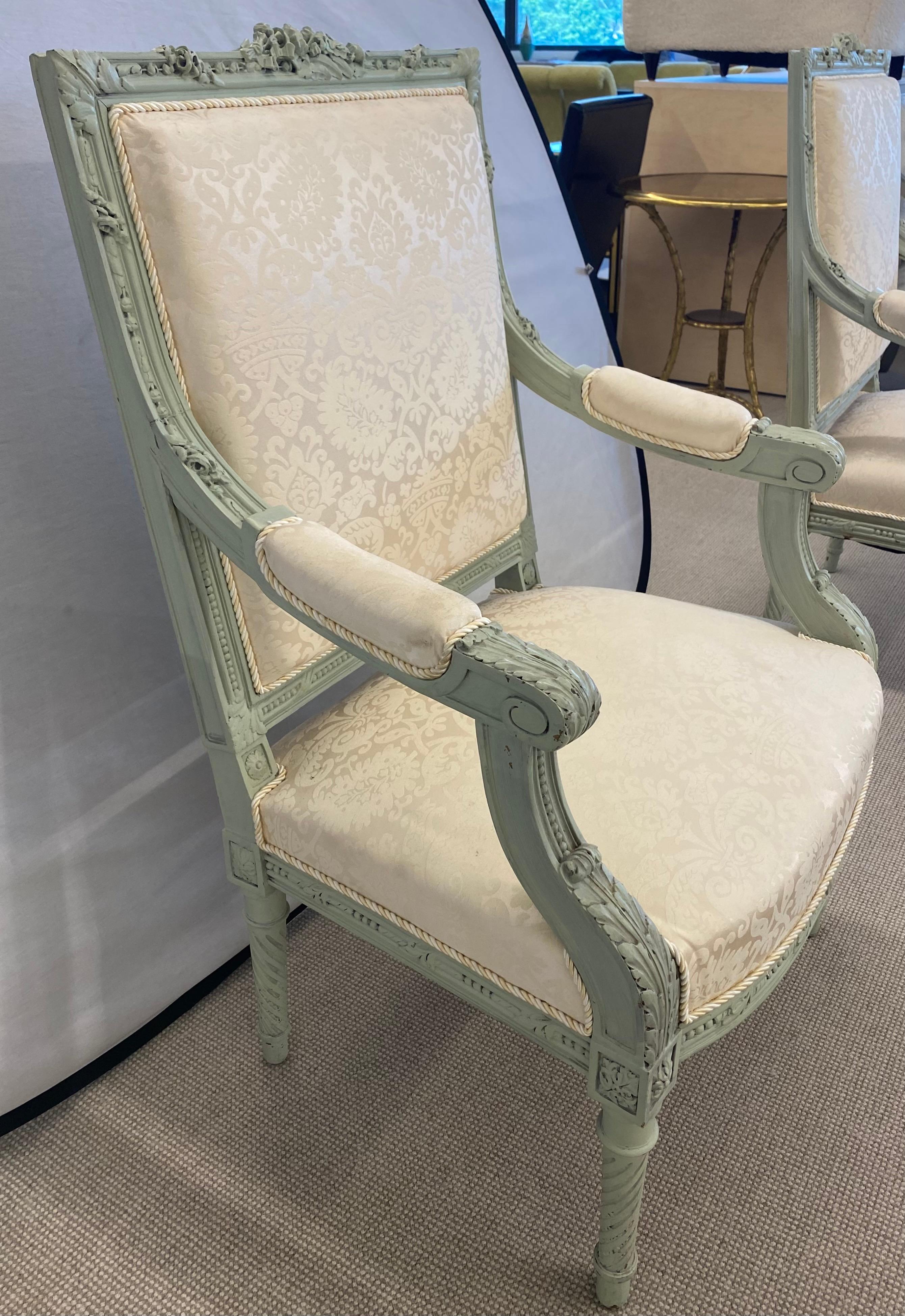 Pair of Louis XVI Style Throne or Arm Chairs, Paint Decorated Frames For Sale 9