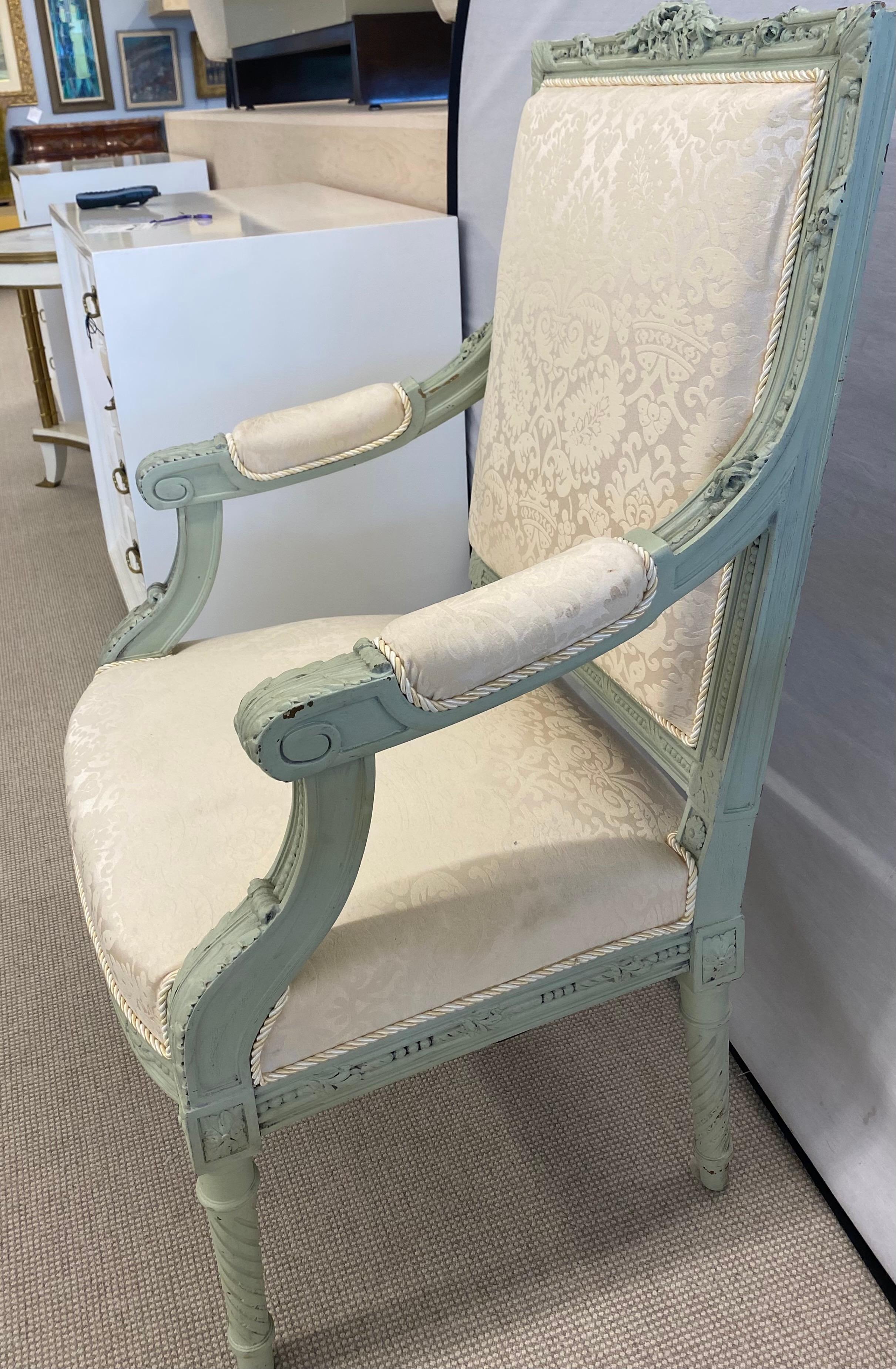 Pair of Louis XVI Style Throne or Arm Chairs, Paint Decorated Frames For Sale 10