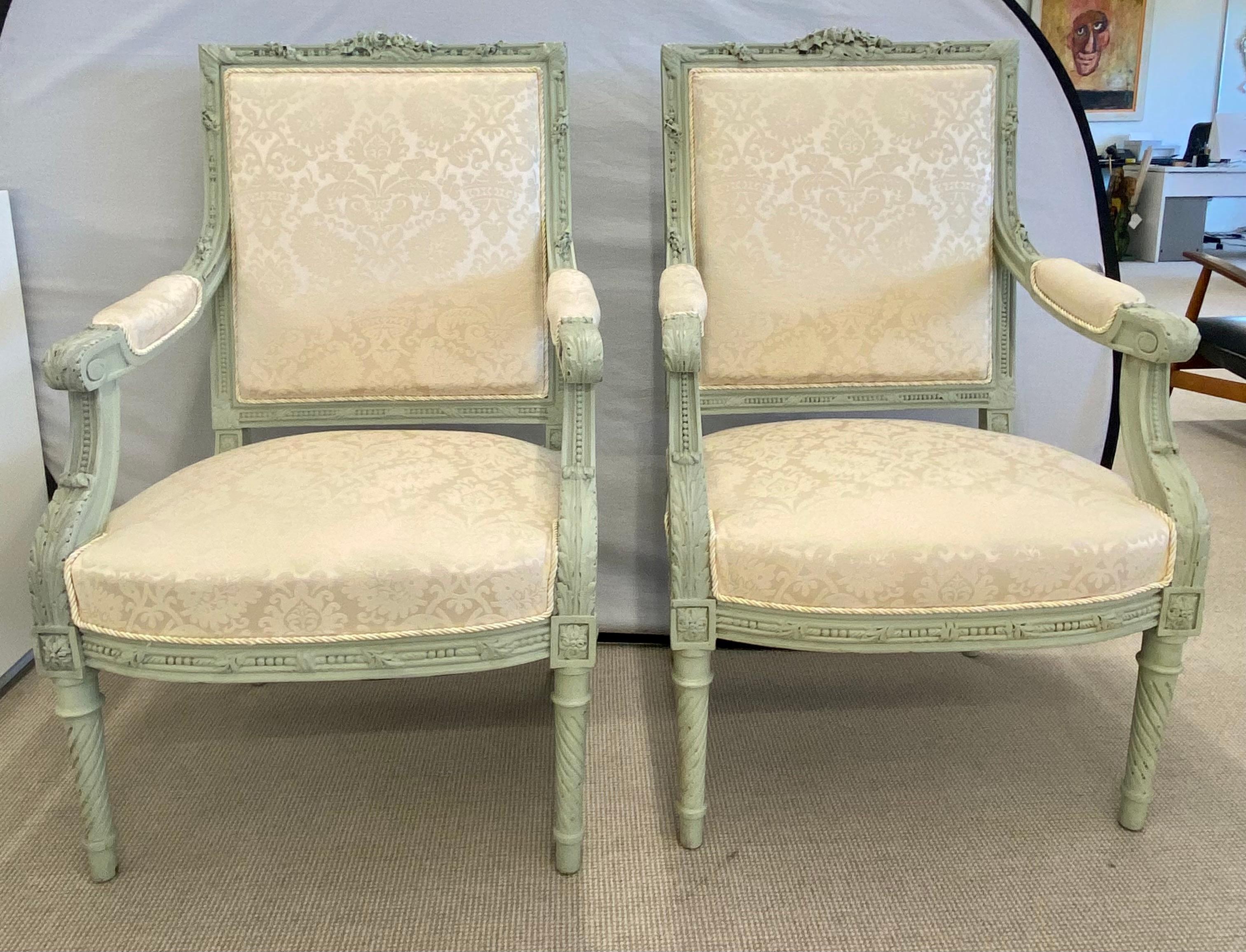 Pair of Louis XVI Style Throne or Arm Chairs, Paint Decorated Frames For Sale 12