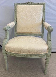 Pair of Louis XVI Style Throne or Arm Chairs, Paint Decorated Frames