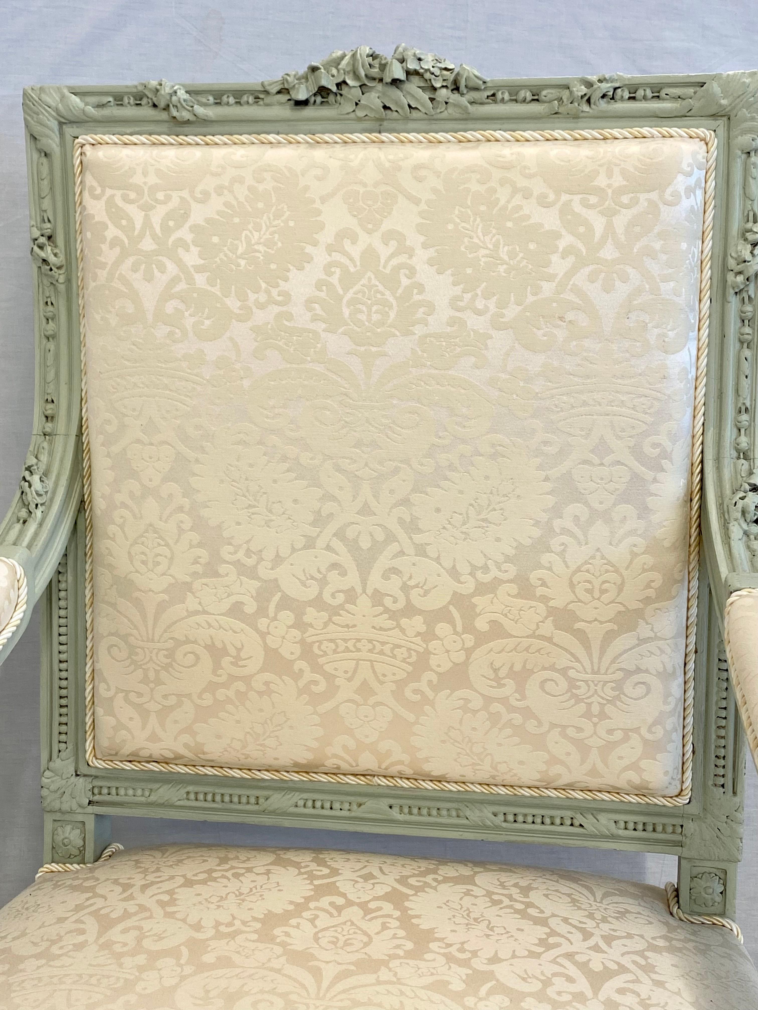 Hollywood Regency Pair of Louis XVI Style Throne or Arm Chairs, Paint Decorated Frames For Sale