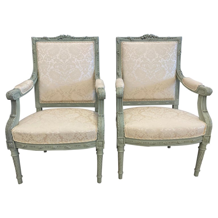 Pair of Louis XVI Style Throne or Arm Chairs, Paint Decorated Frames