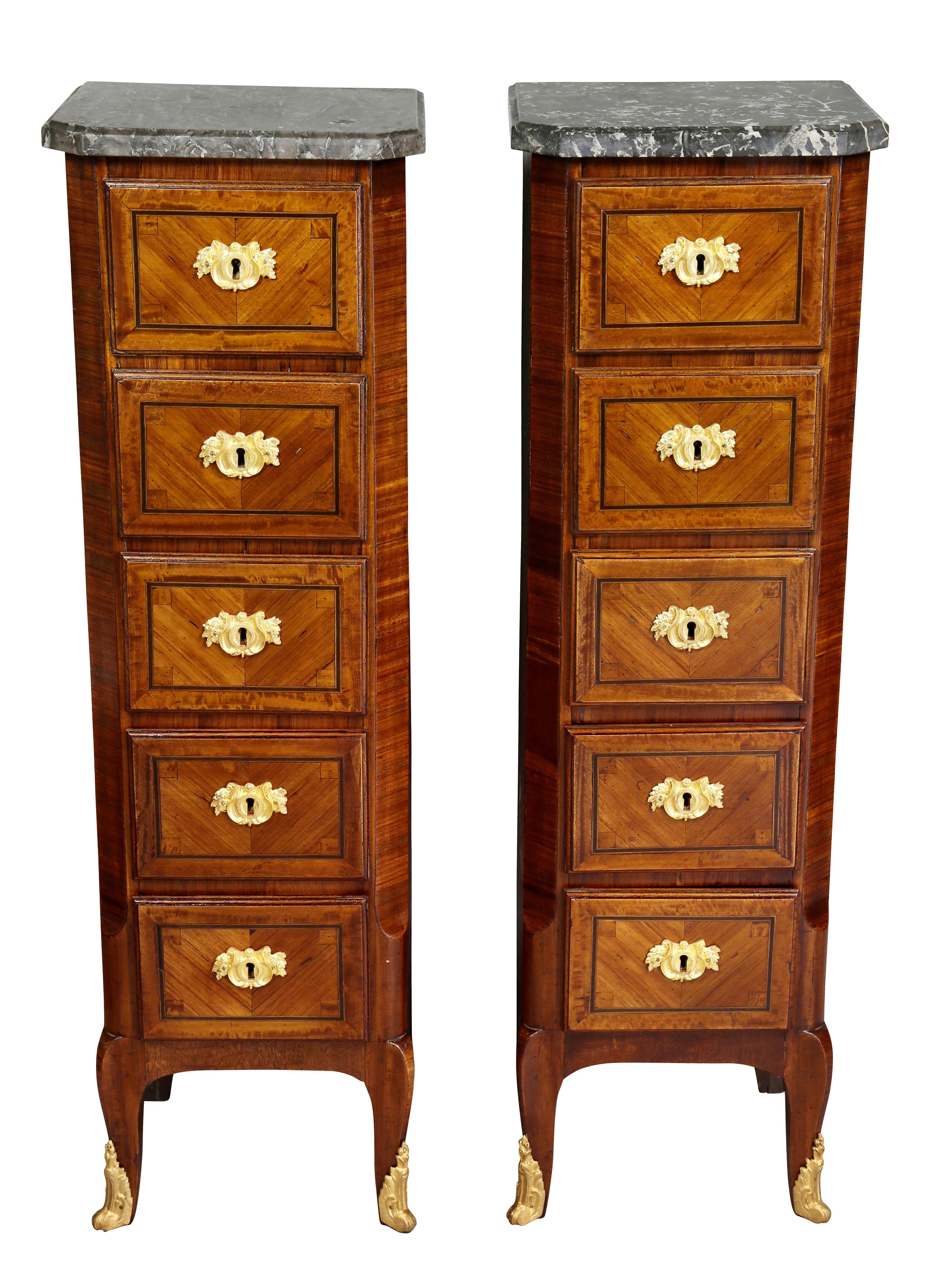 French Pair of Louis XVI Style Tulipwood and Ormolu Mounted Petit Commodes