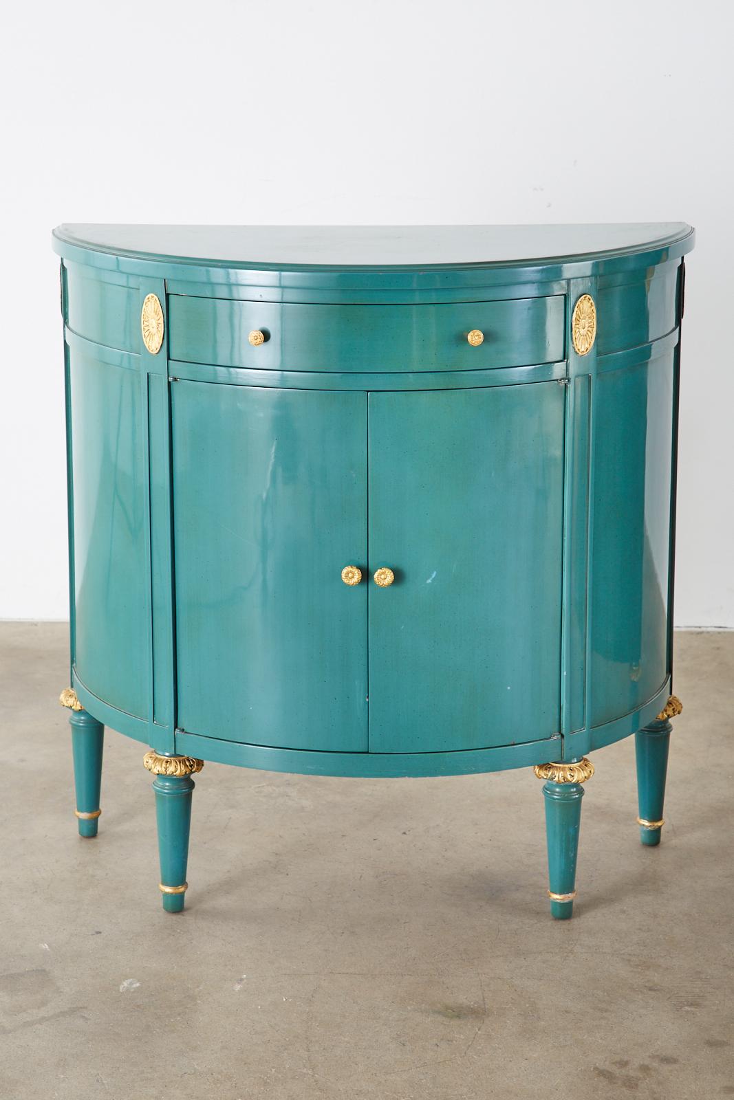 Pair of Louis XVI Style Turquoise Lacquered Demilune Cabinets 1
