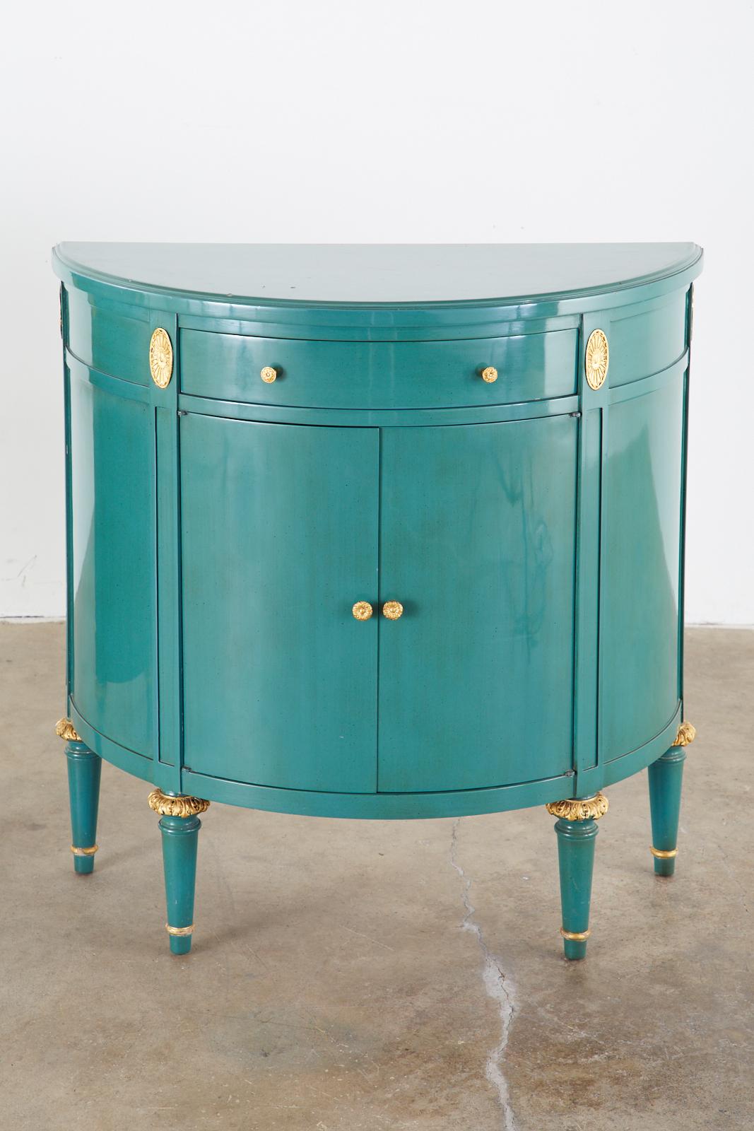 Pair of Louis XVI Style Turquoise Lacquered Demilune Cabinets 2