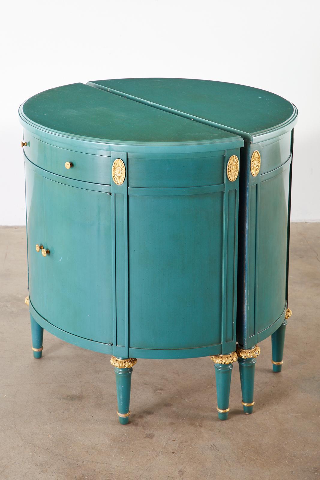 Pair of Louis XVI Style Turquoise Lacquered Demilune Cabinets In Good Condition In Rio Vista, CA