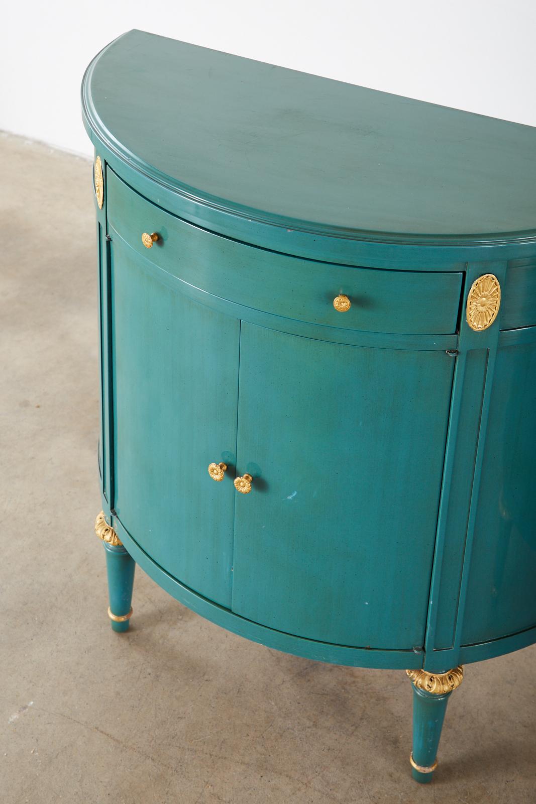 20th Century Pair of Louis XVI Style Turquoise Lacquered Demilune Cabinets