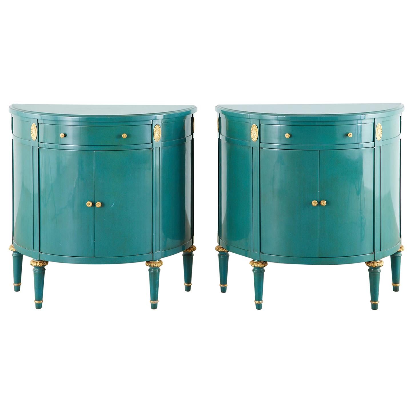 Pair of Louis XVI Style Turquoise Lacquered Demilune Cabinets