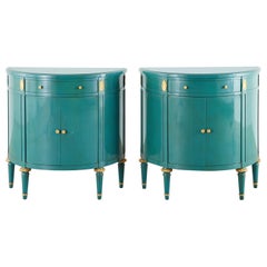 Used Pair of Louis XVI Style Turquoise Lacquered Demilune Cabinets