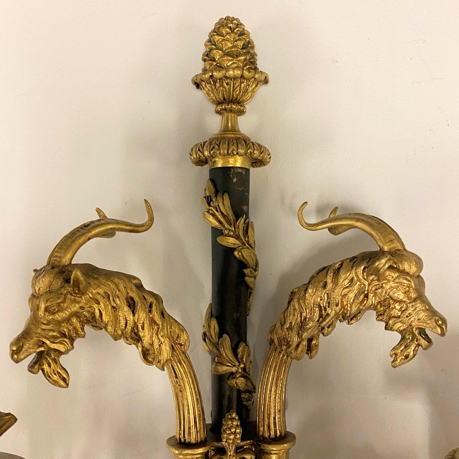 French Pair of Louis XVI Style Two-Light Ormolu Bronze Sconces For Sale