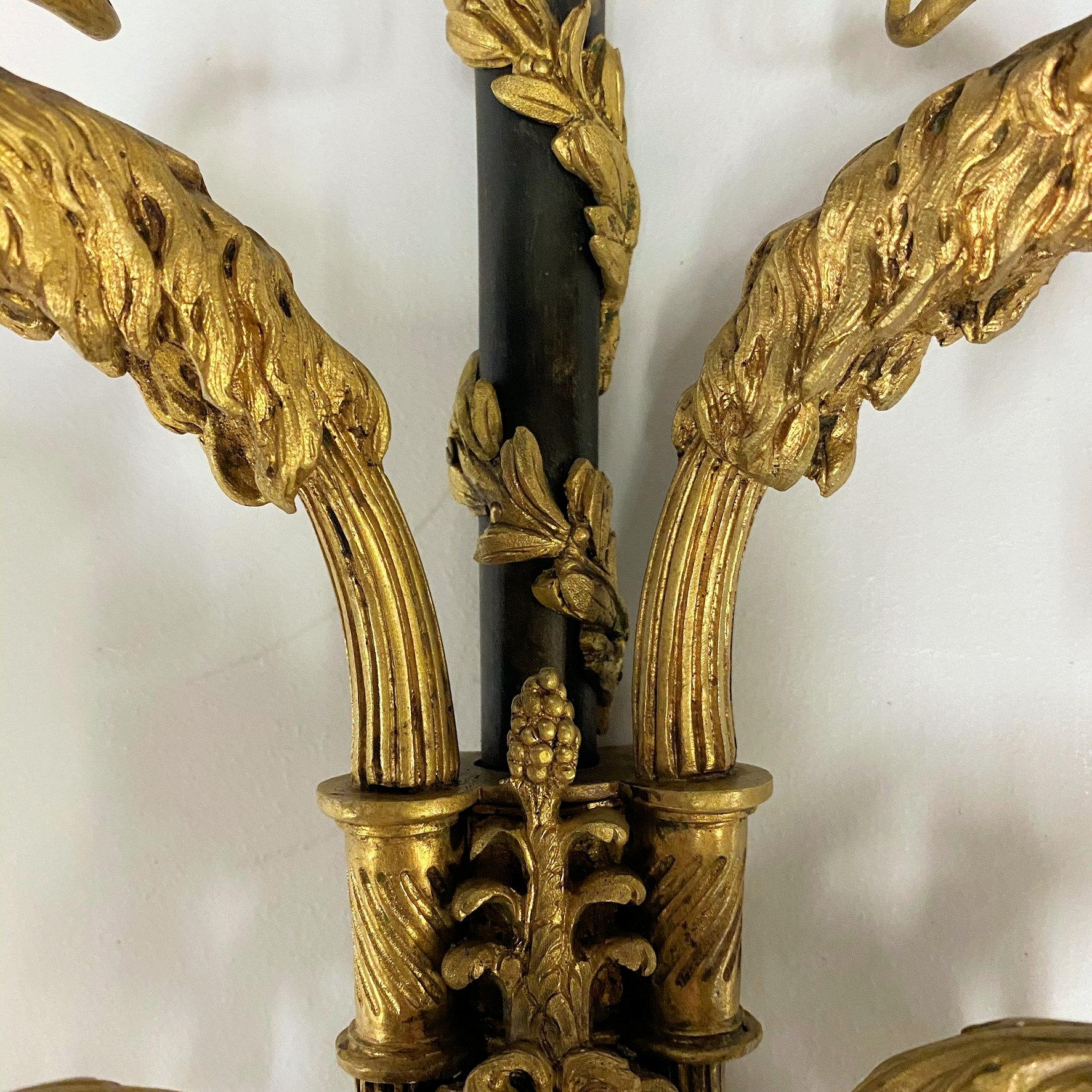 Gilt Pair of Louis XVI Style Two-Light Ormolu Bronze Sconces For Sale
