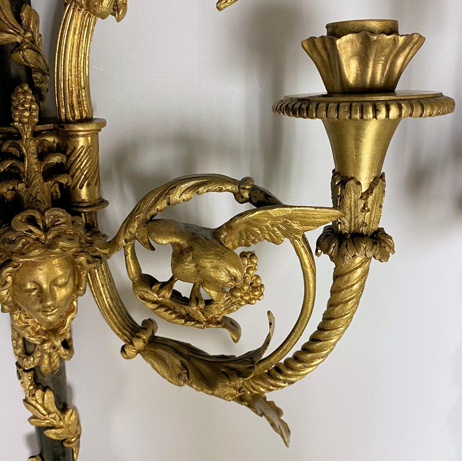 Pair of Louis XVI Style Two-Light Ormolu Bronze Sconces For Sale 2