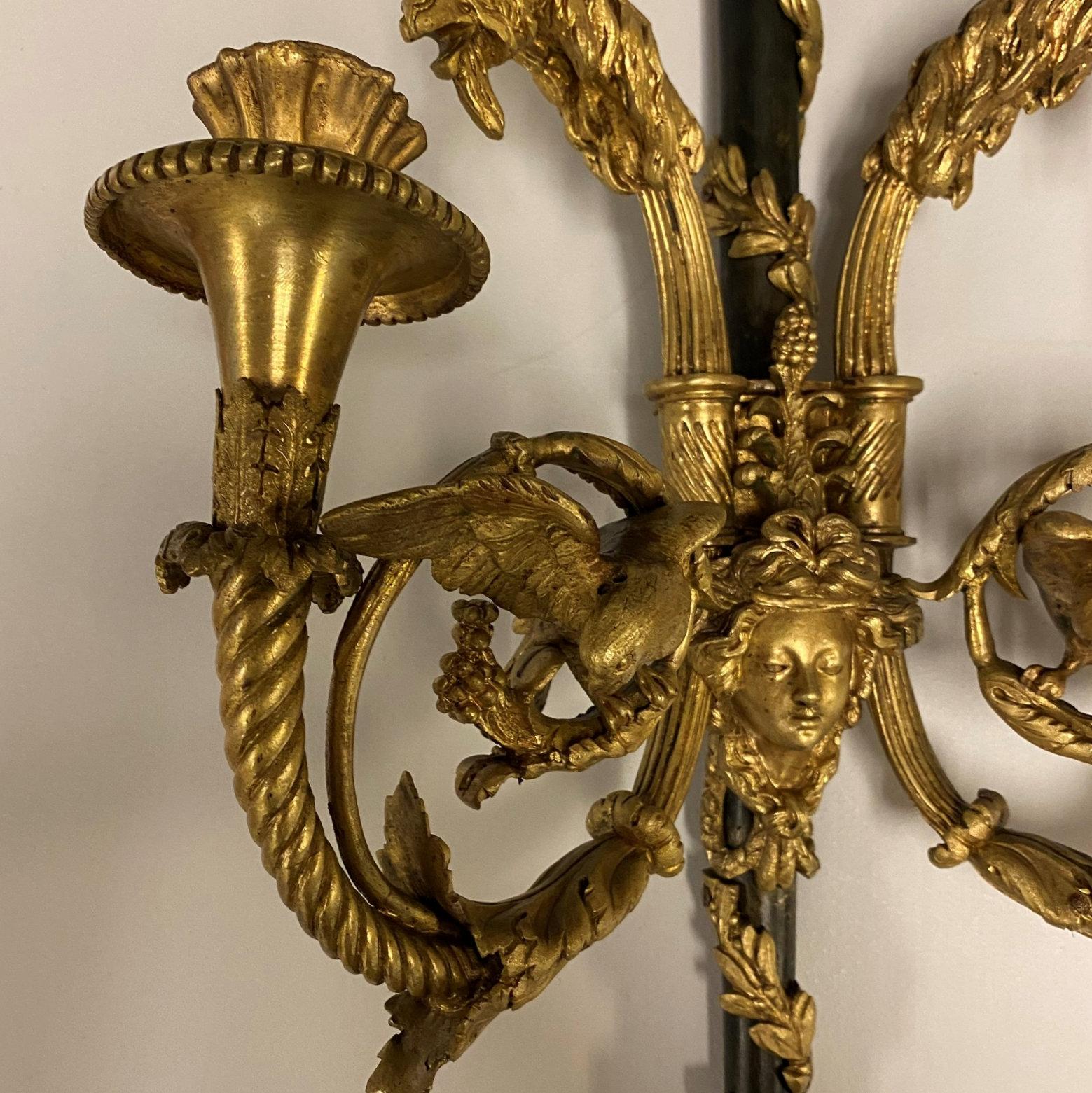 Pair of Louis XVI Style Two-Light Ormolu Bronze Sconces For Sale 3