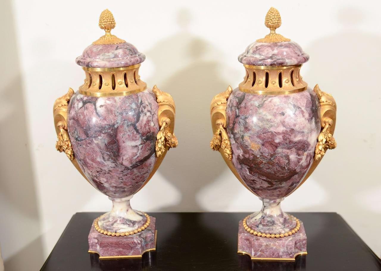 A pair of signed Louis XVI style marble and bronze covered urns with leaf form handles and floral drapery. Signed 