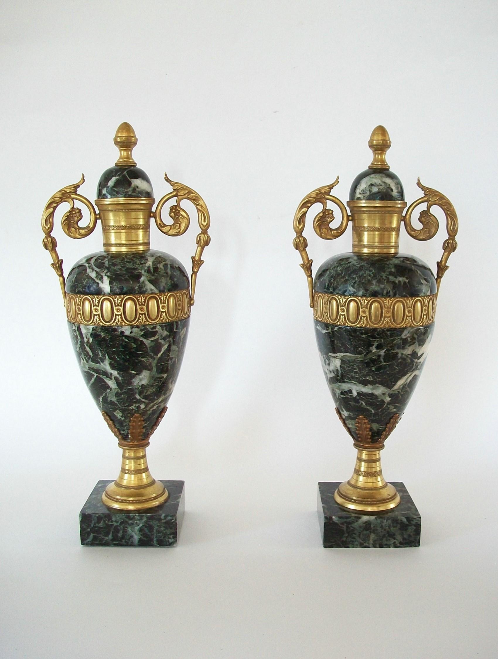 Pair of Louis XVI Style Verde Antico Marble & Gilt Bronze Urns 19th/20th Century In Good Condition For Sale In Chatham, ON