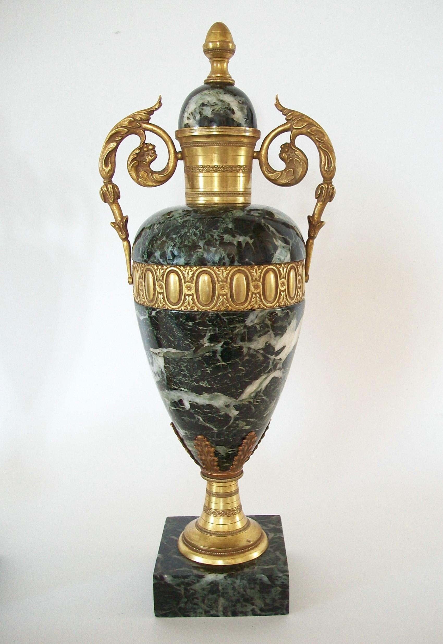 Pair of Louis XVI Style Verde Antico Marble & Gilt Bronze Urns 19th/20th Century For Sale 1