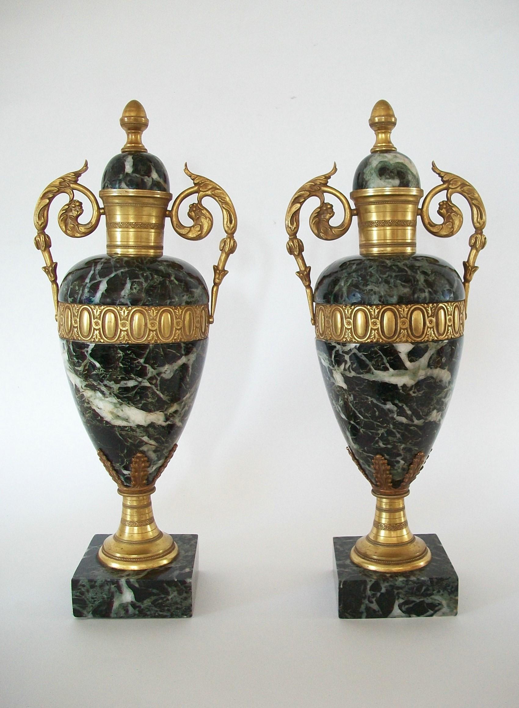 Pair of Louis XVI Style Verde Antico Marble & Gilt Bronze Urns 19th/20th Century For Sale 4