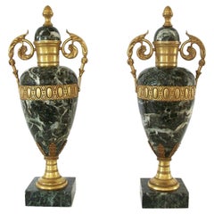 Antique Pair of Louis XVI Style Verde Antico Marble & Gilt Bronze Urns 19th/20th Century